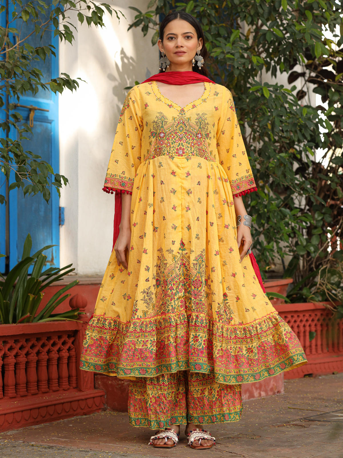 Juniper Women's Mustard Cotton Floral Printed Anarkali Kurta With Pants And Dupatta Set With Sequins & Beadwork