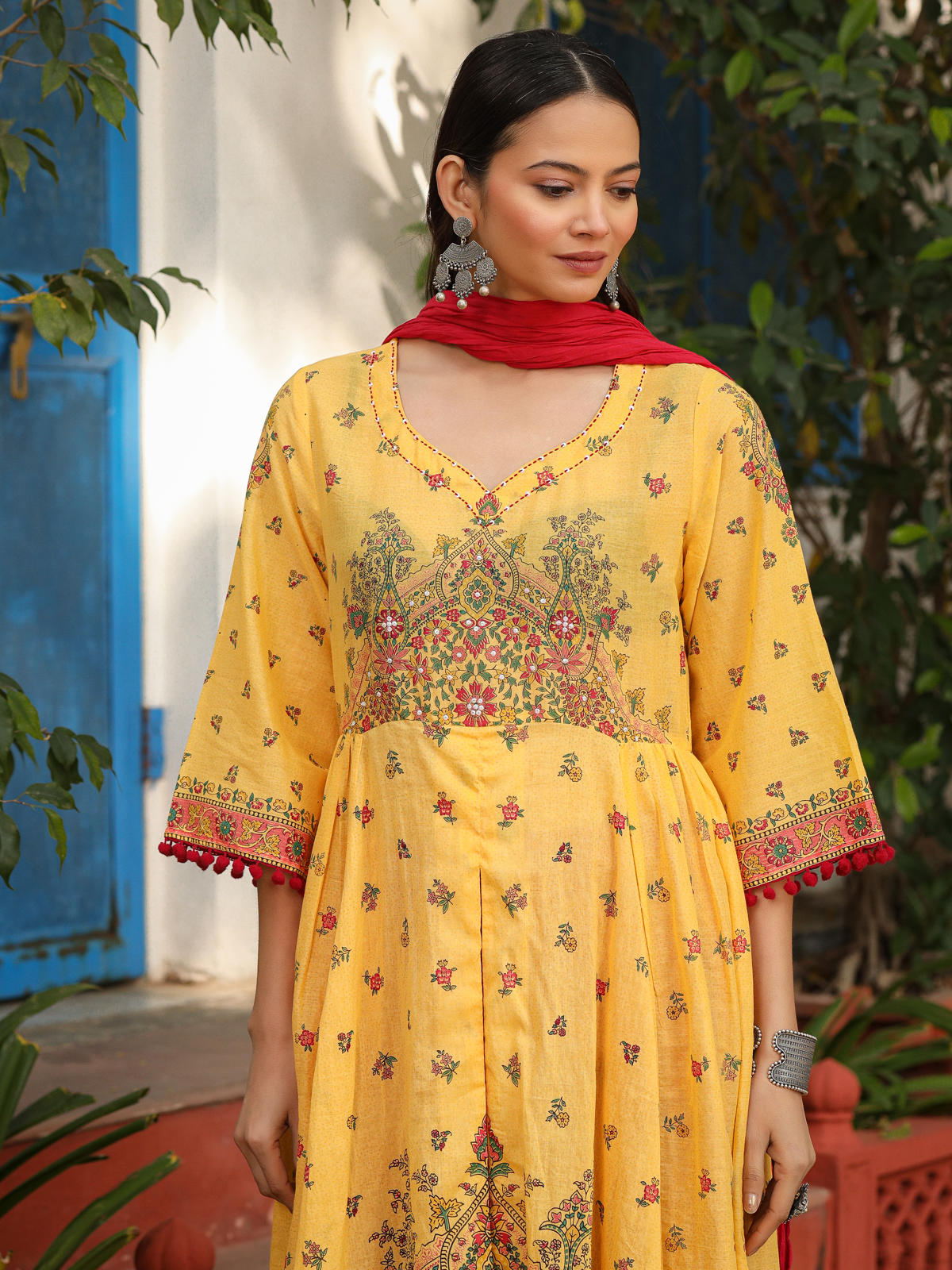 Juniper Women's Mustard Cotton Floral Printed Anarkali Kurta With Pants And Dupatta Set With Sequins & Beadwork