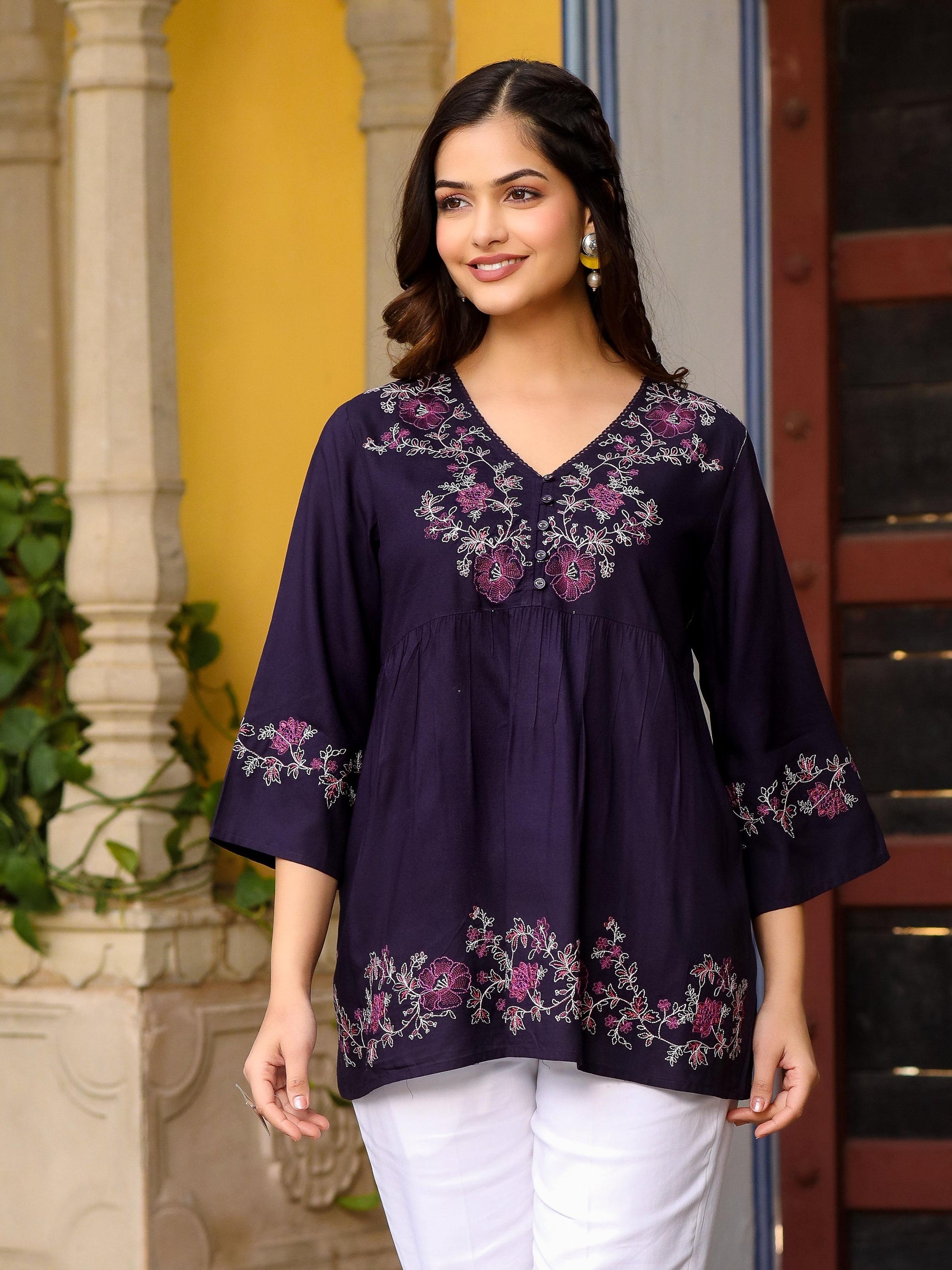 Juniper Purple Modal Rayon Alia-Cut Embroidered Tunic