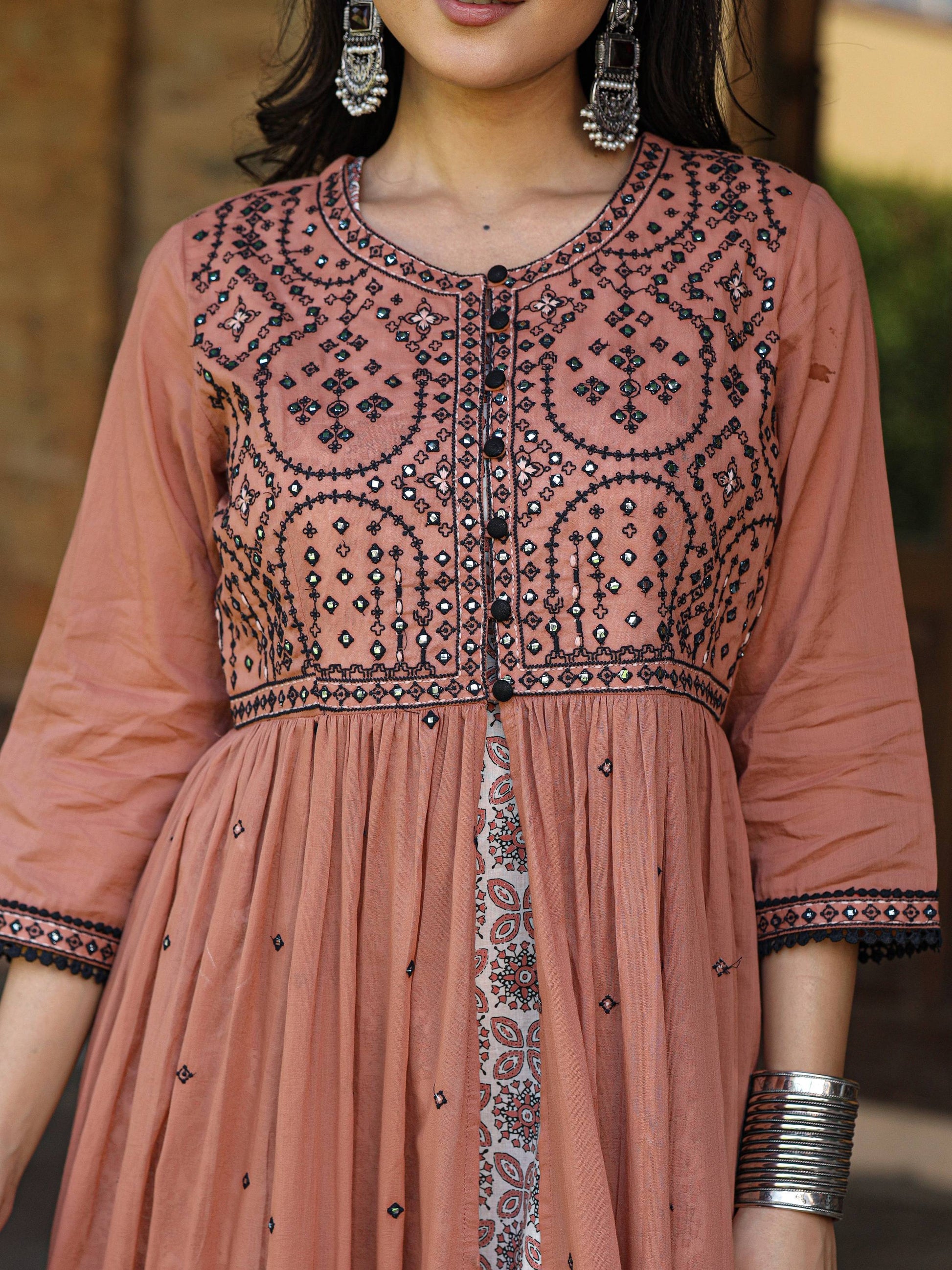 Juniper Women's Onion Pink & Black Cotton Embroidered Anarkali Dress With Jacket & Tie-Dye Dupatta