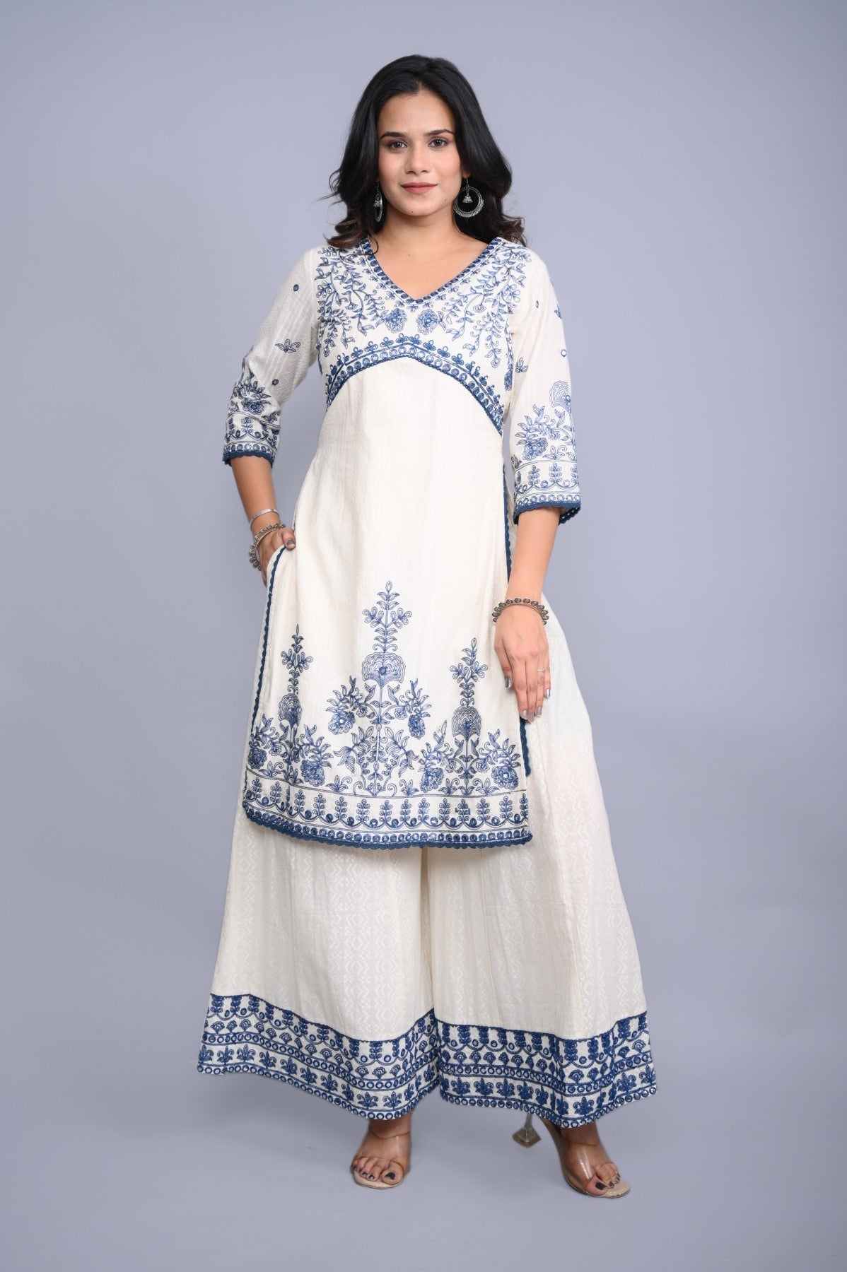 Juniper Women's White Cotton Dobby Embroidered Short Kurta Palazzo & Chiffon Dupatta