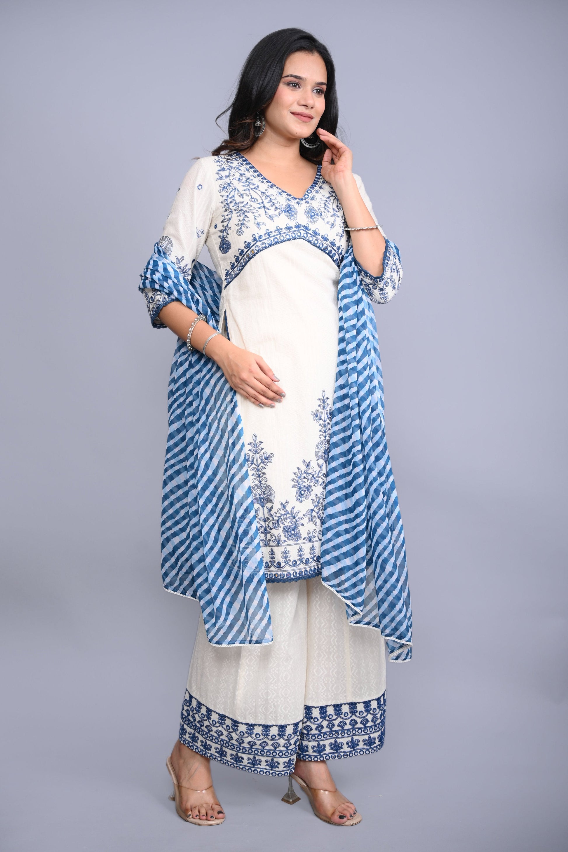 Juniper Women's White Cotton Dobby Embroidered Short Kurta Palazzo & Chiffon Dupatta