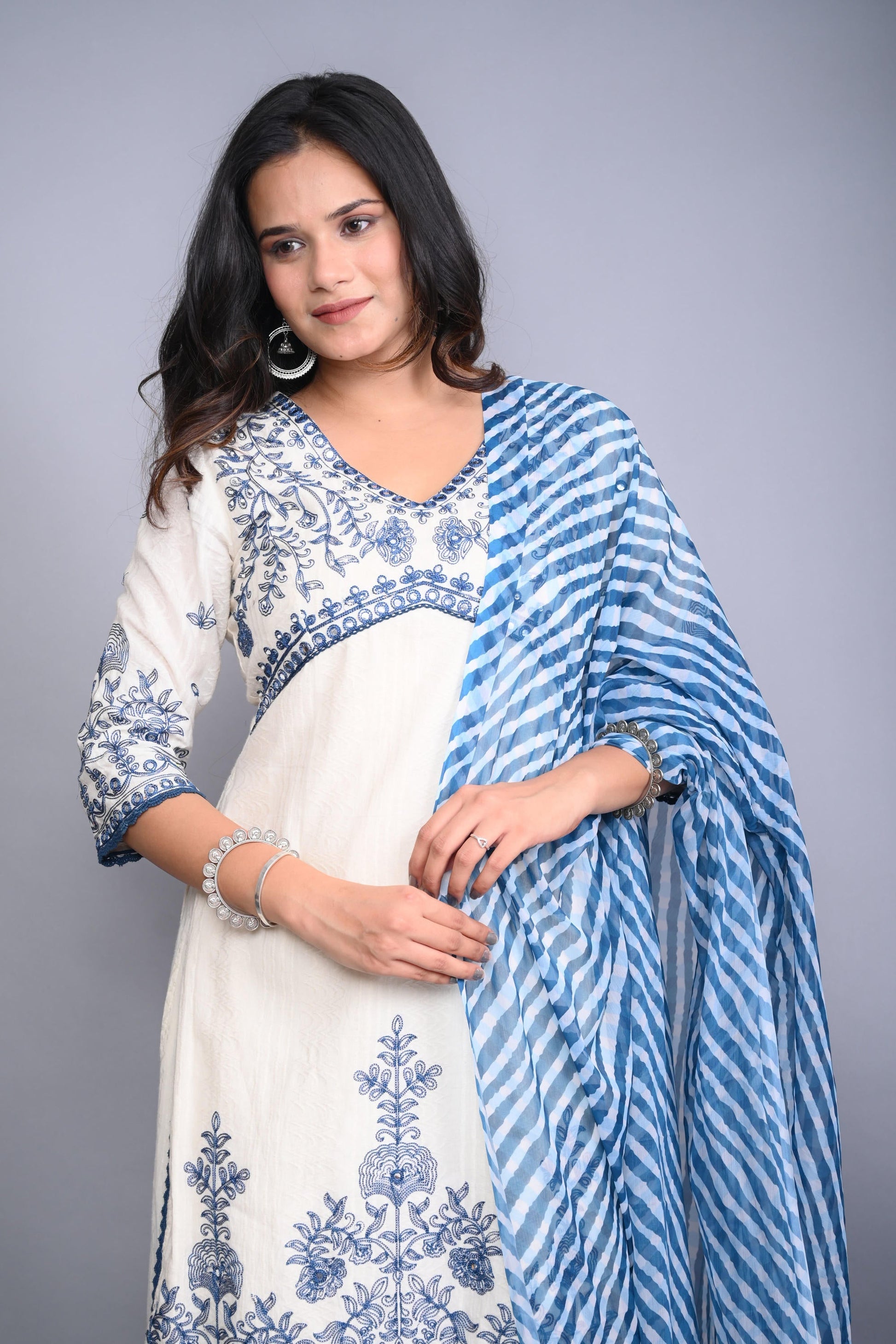 Juniper Women's White Cotton Dobby Embroidered Short Kurta Palazzo & Chiffon Dupatta