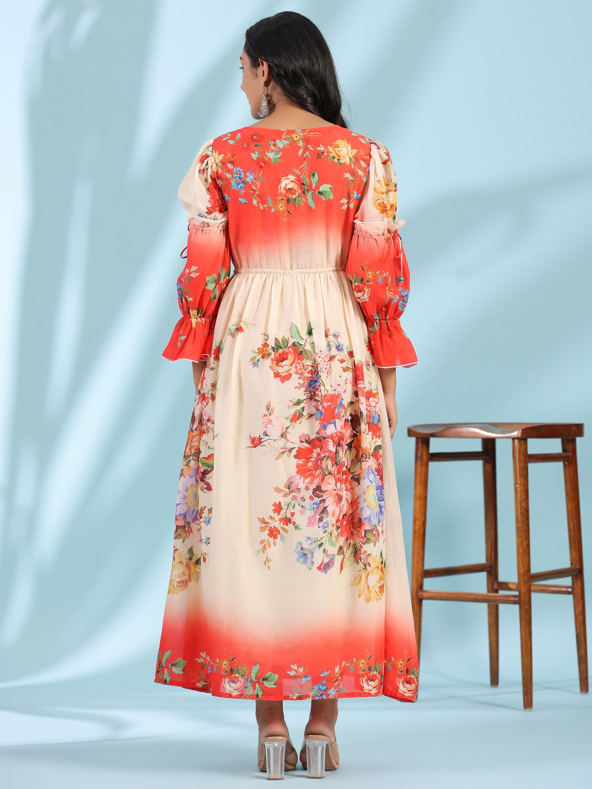 Juniper Women's Off-White Floral Printed Cotton Maxi Dress With Beads & Sequins Work