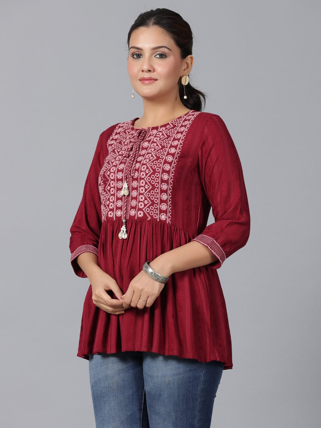 Juniper Women's Maroon Geometric Printed Rayon Tunic With Thread Work