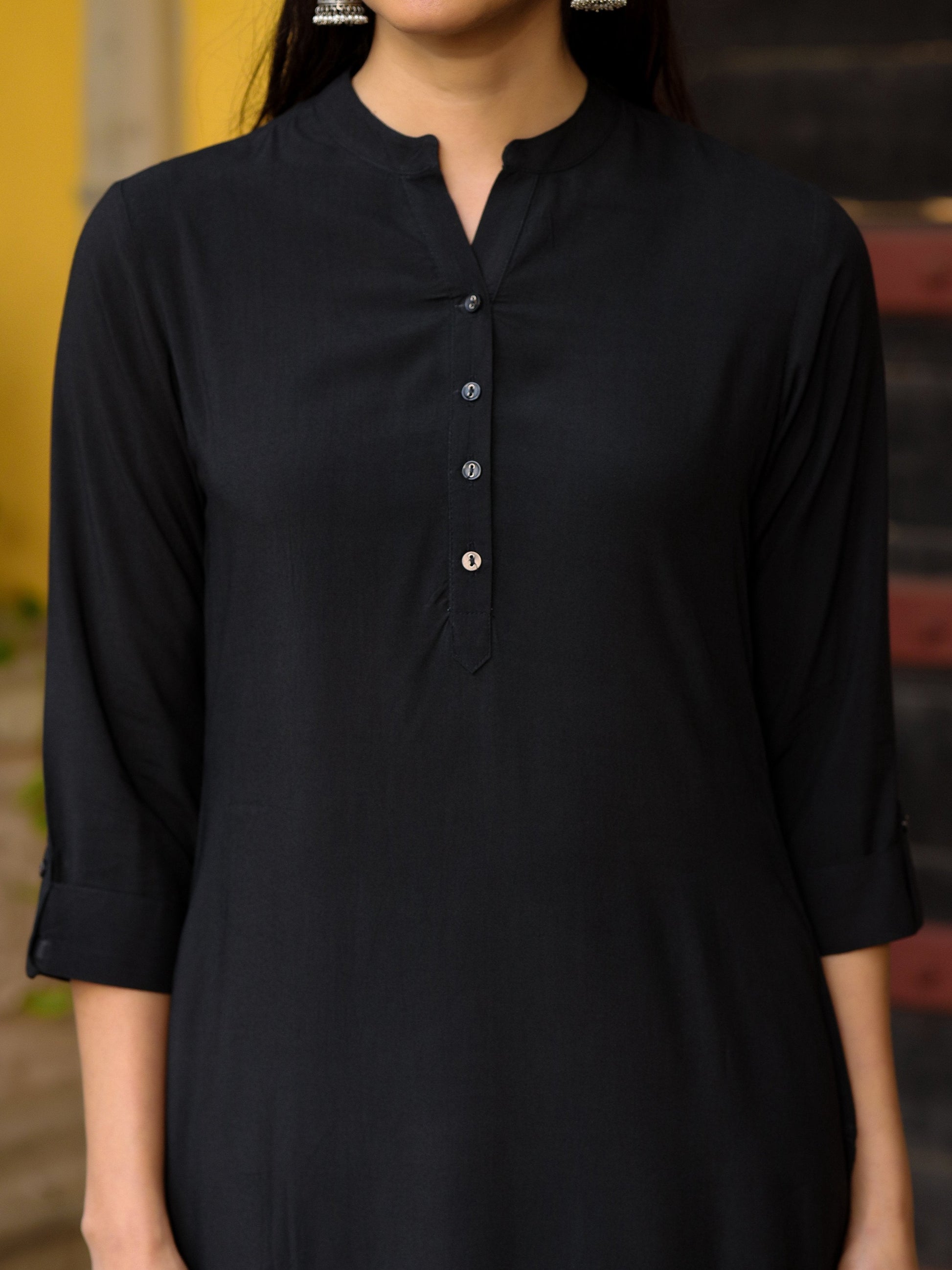 Juniper Women's Black Solid Modal Rayon Straight Kurta With Half Placket At Front