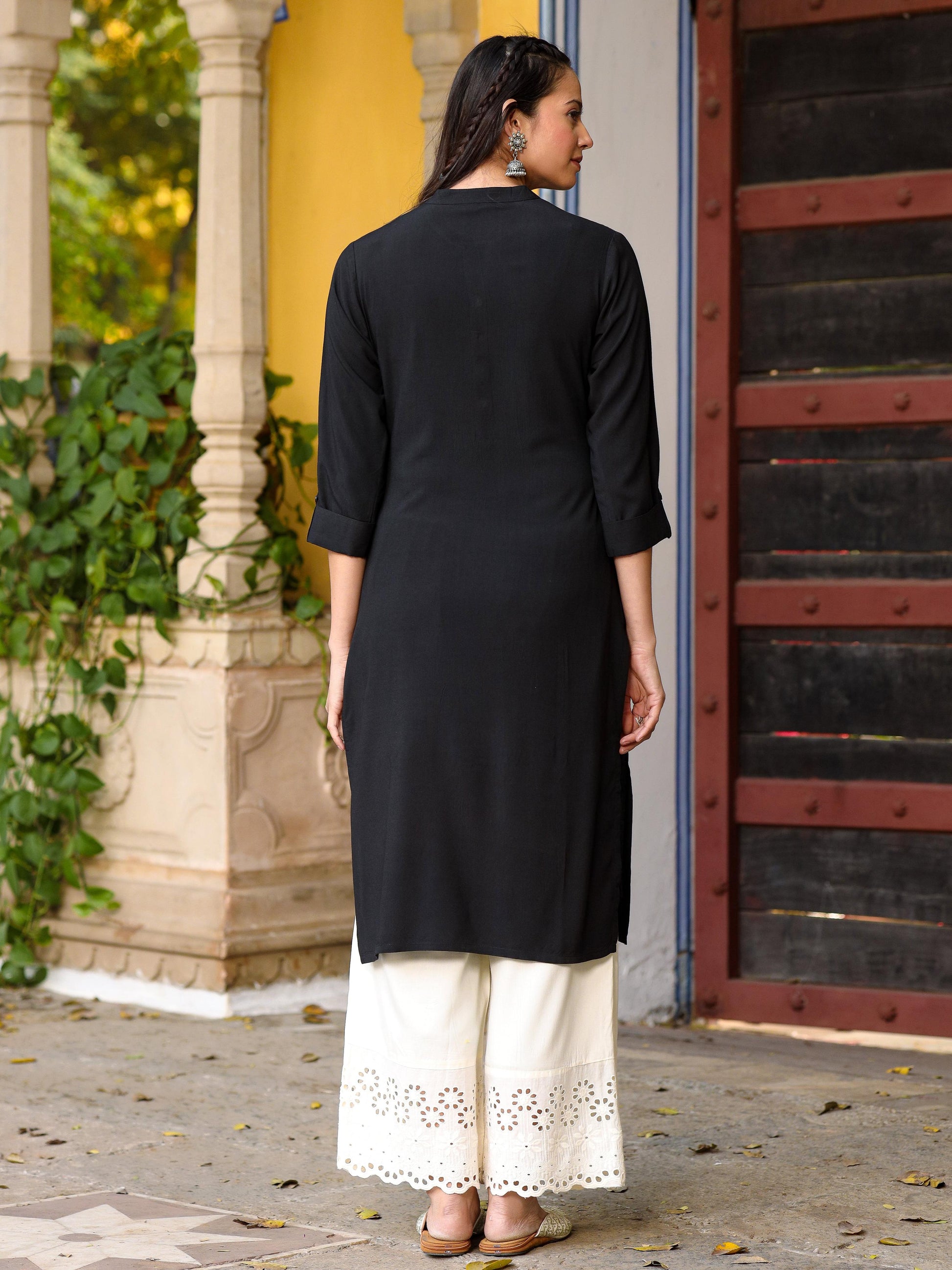 Juniper Women's Black Solid Modal Rayon Straight Kurta With Half Placket At Front