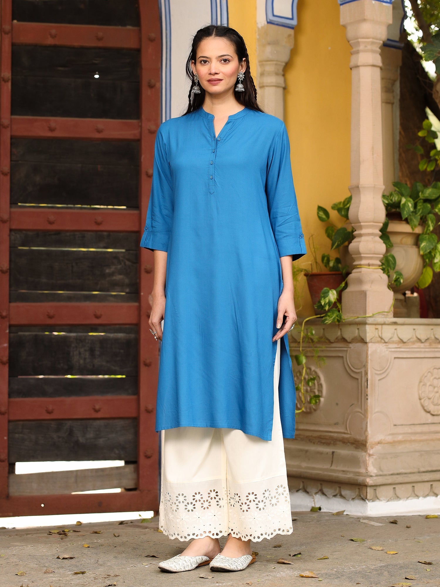 Juniper Women's Effortlessly Chic Bright Blue Rayon Solid Roll-Up Sleeves Basic Kurta