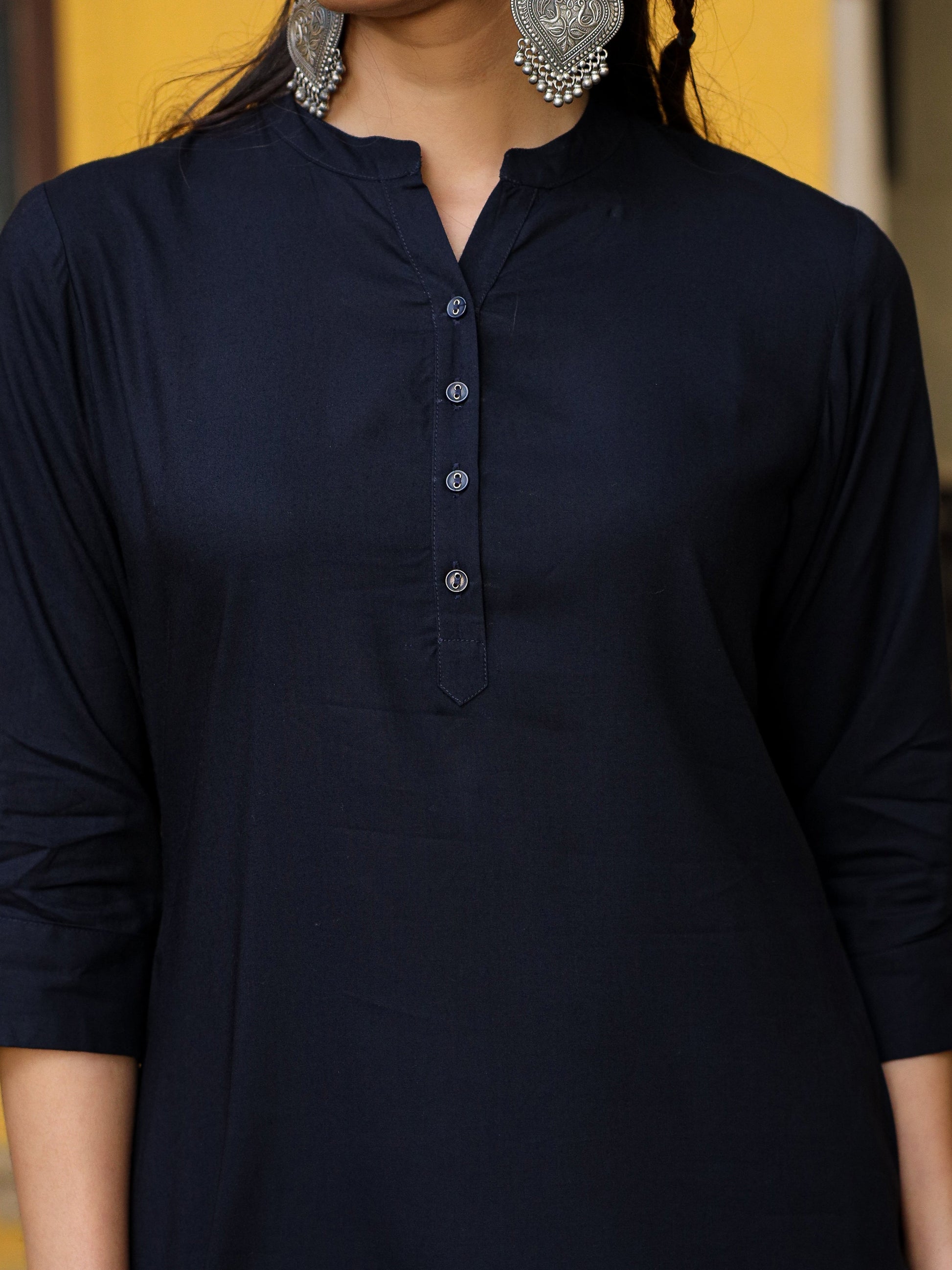 Juniper Women's Navy Blue Solid Modal Rayon Straight Kurta With Half Placket At Front
