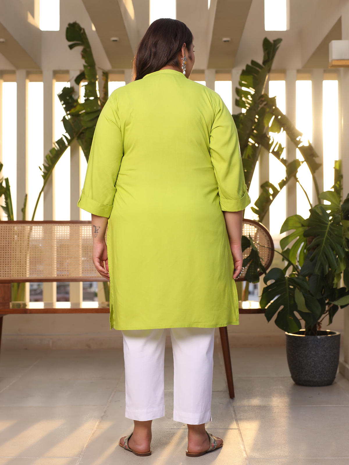 Juniper Women's Lime Green Modal Rayon Slub Plus Size Kurta