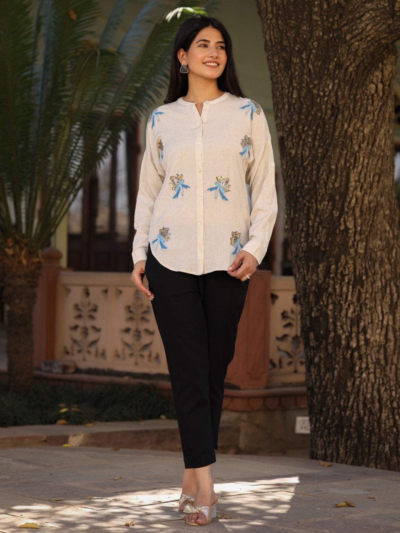 Juniper Women's Women Natural Solid Shirt With Sequins Work