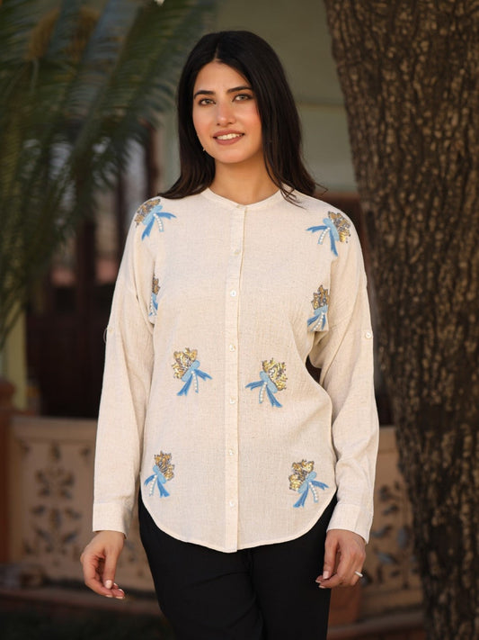 Juniper Women's Women Natural Solid Shirt With Sequins Work