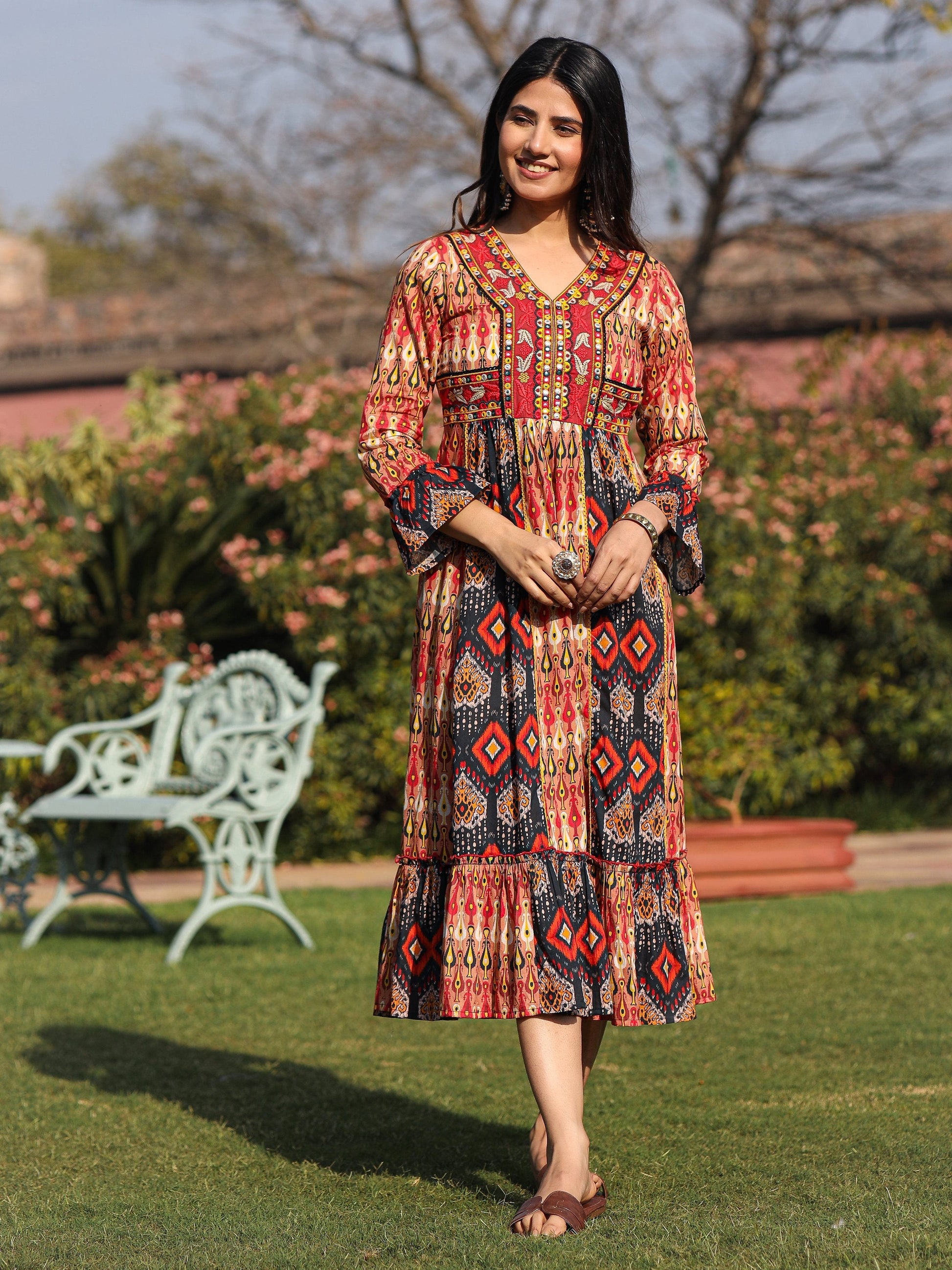 Juniper Rust Ikat Printed Cotton Maxi Dress with Embroidered Neckline