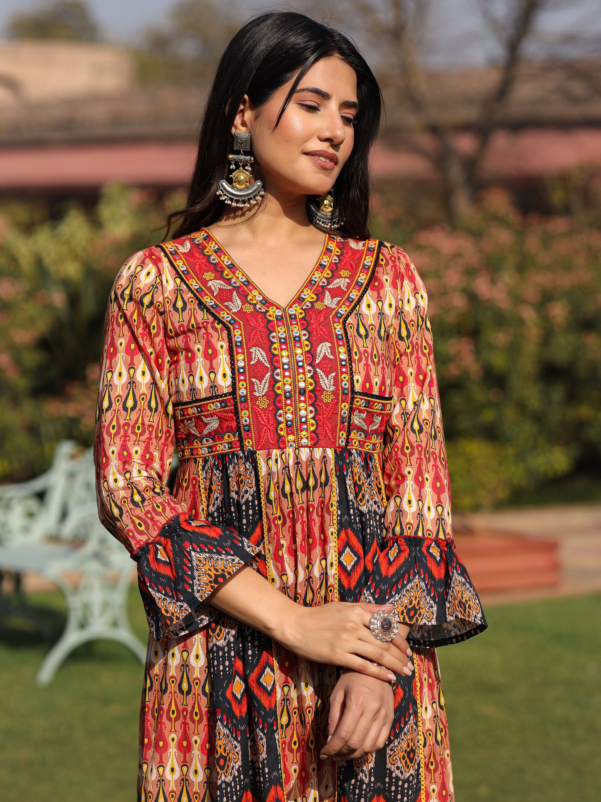Juniper Rust Ikat Printed Cotton Maxi Dress with Embroidered Neckline