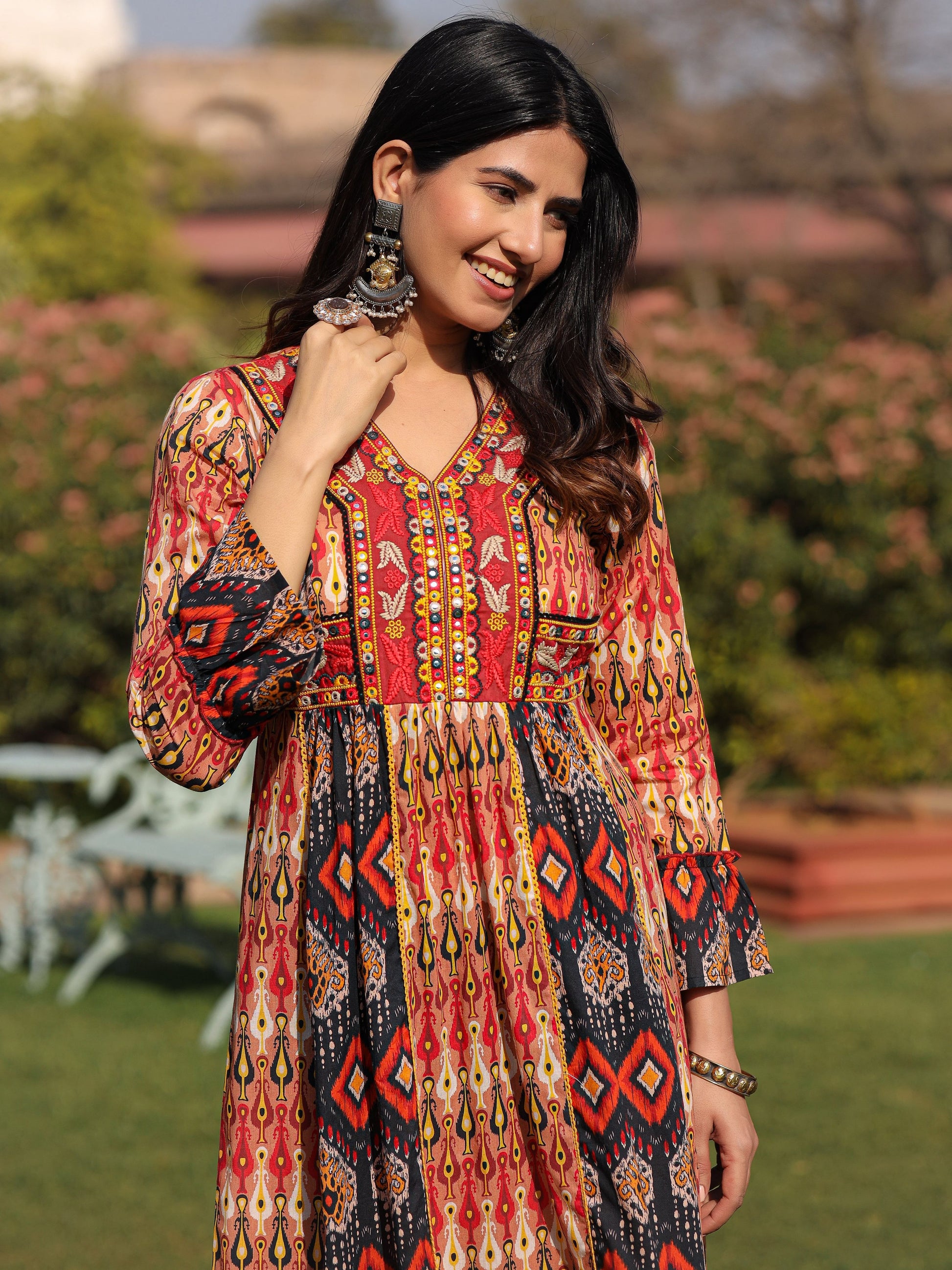 Juniper Rust Ikat Printed Cotton Maxi Dress with Embroidered Neckline