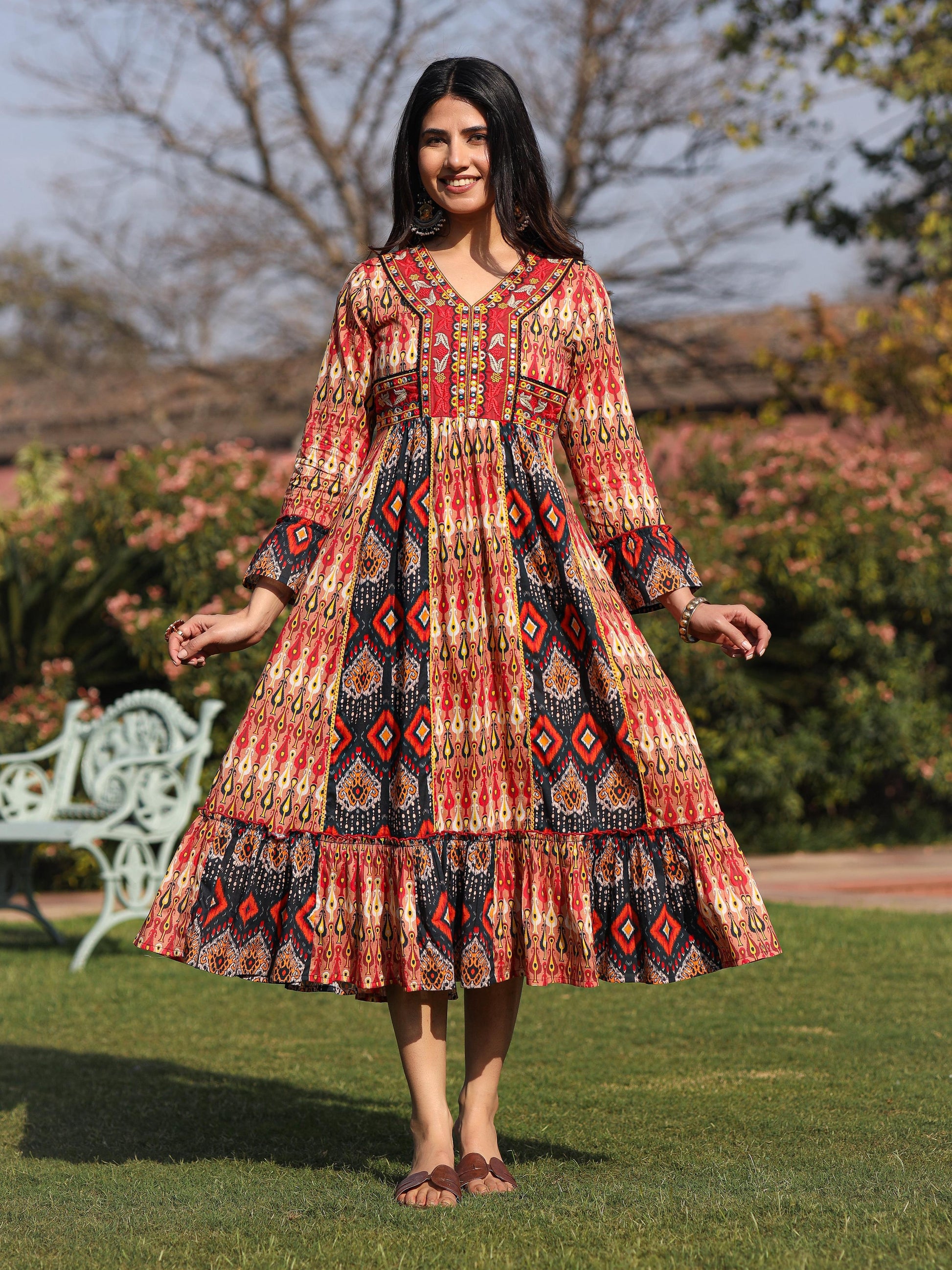Juniper Rust Ikat Printed Cotton Maxi Dress with Embroidered Neckline