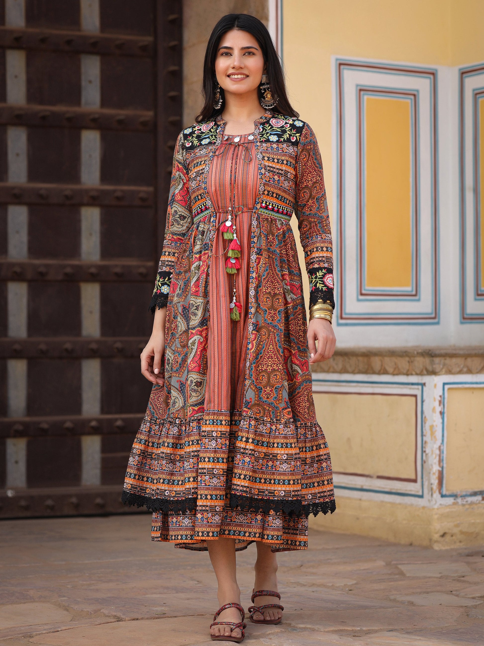 Juniper Women's Multi Colored Cotton Maxi Dress With Ethnic Motifs, Embroidered Jacket, And Long Sleeves