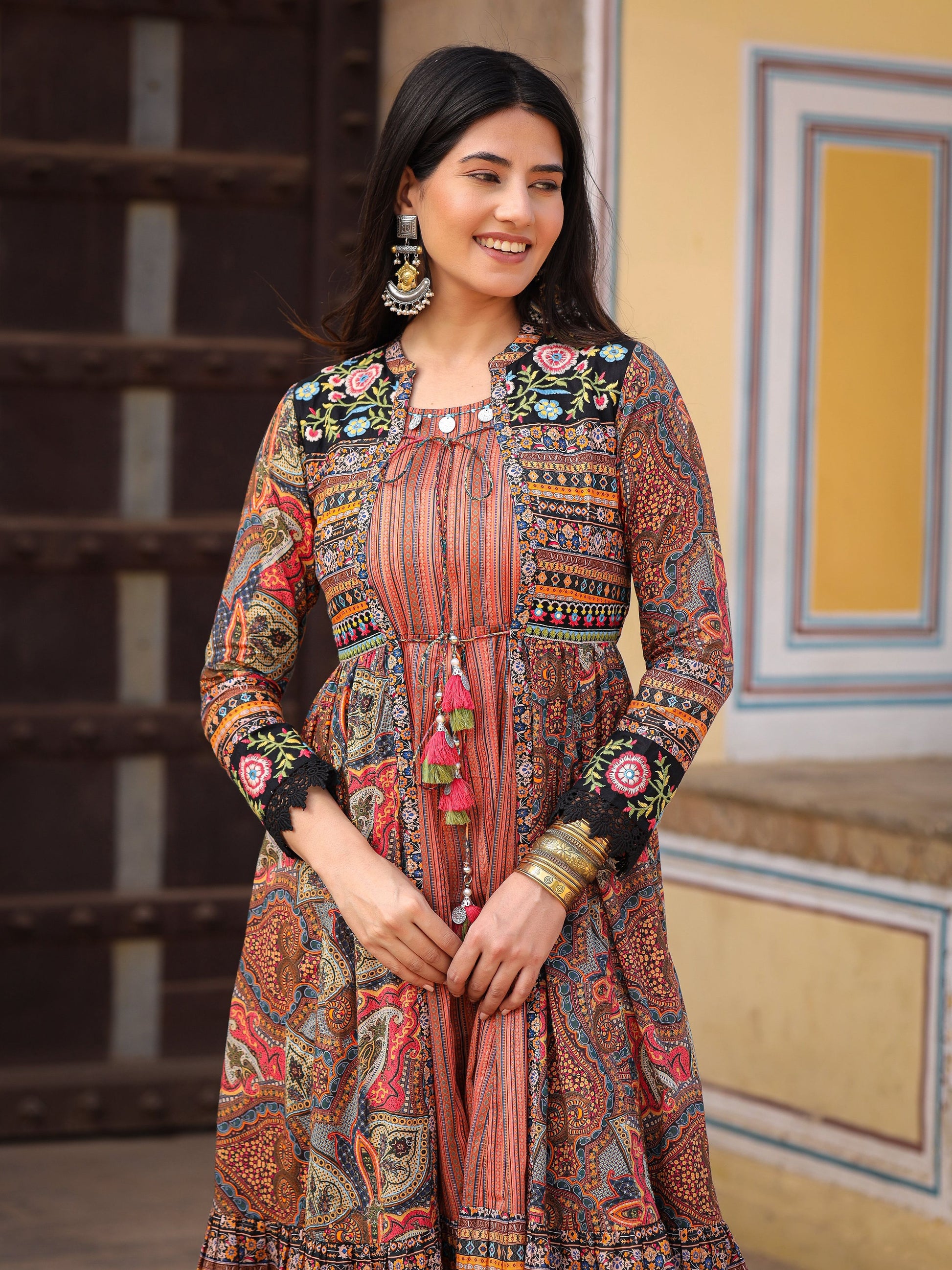 Juniper Women's Multi Colored Cotton Maxi Dress With Ethnic Motifs, Embroidered Jacket, And Long Sleeves