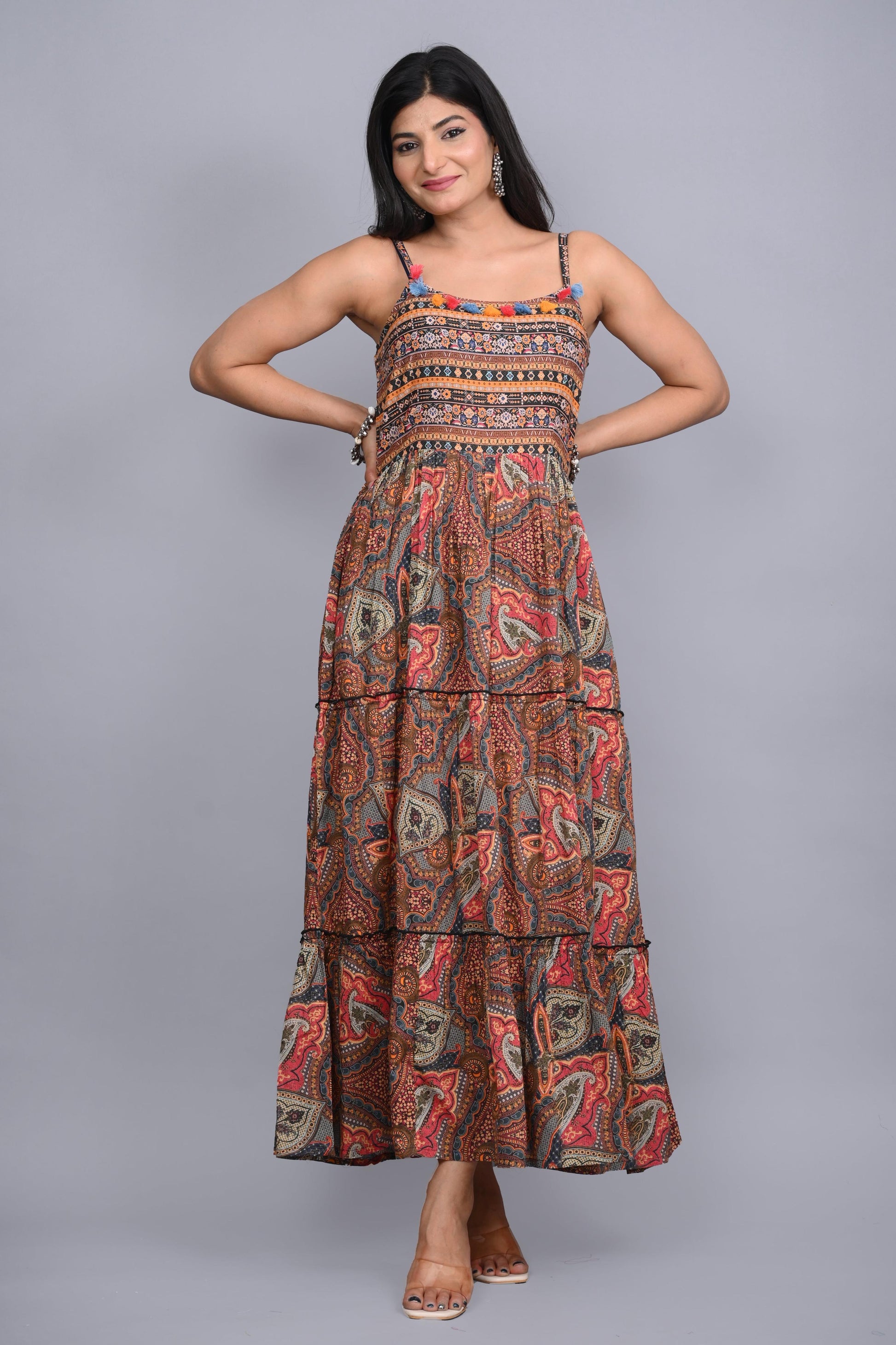Juniper Multi Colored Cotton Ethnic Motif Maxi Dress with Shrug