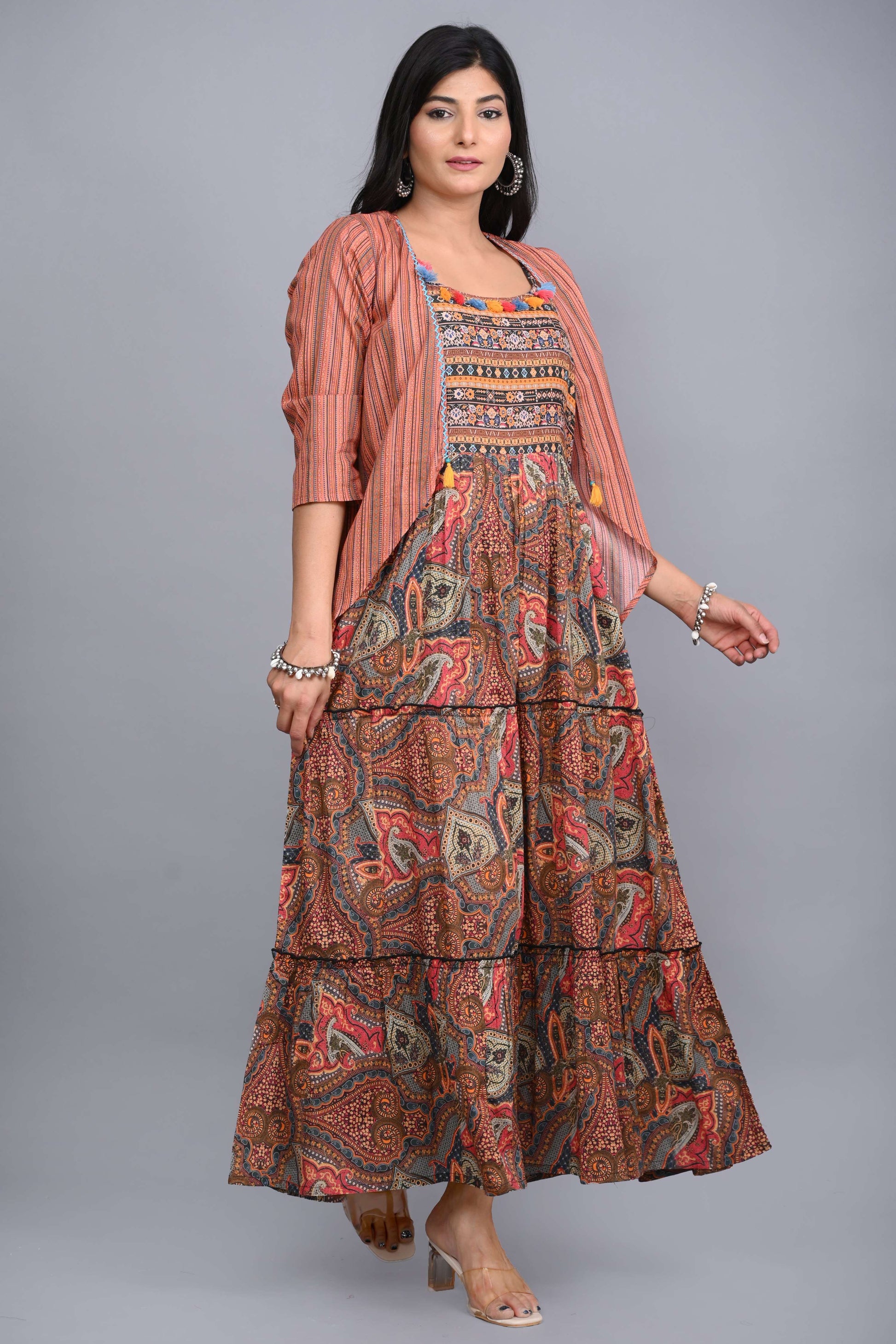 Juniper Multi Colored Cotton Ethnic Motif Maxi Dress with Shrug