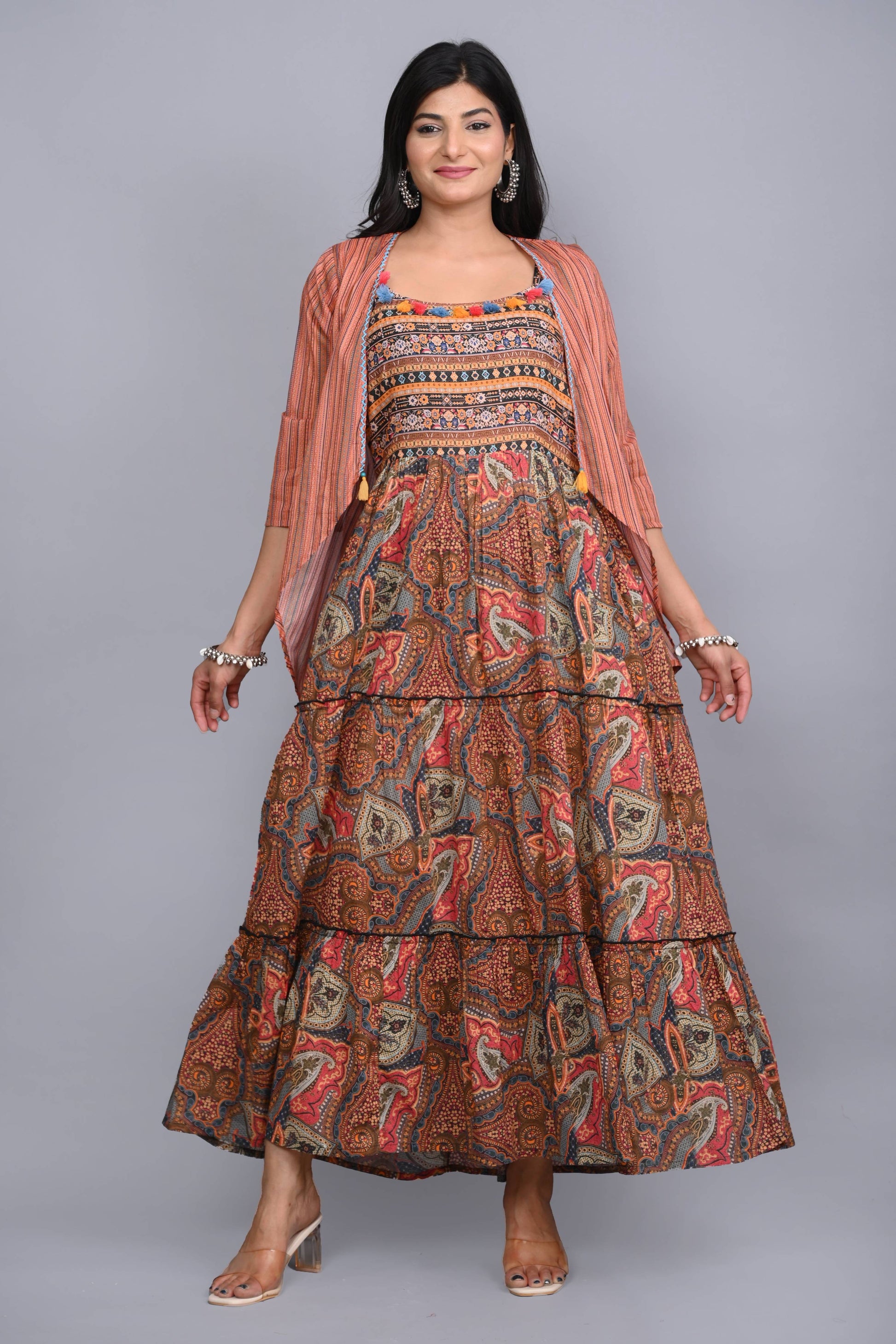 Juniper Multi Colored Cotton Ethnic Motif Maxi Dress with Shrug