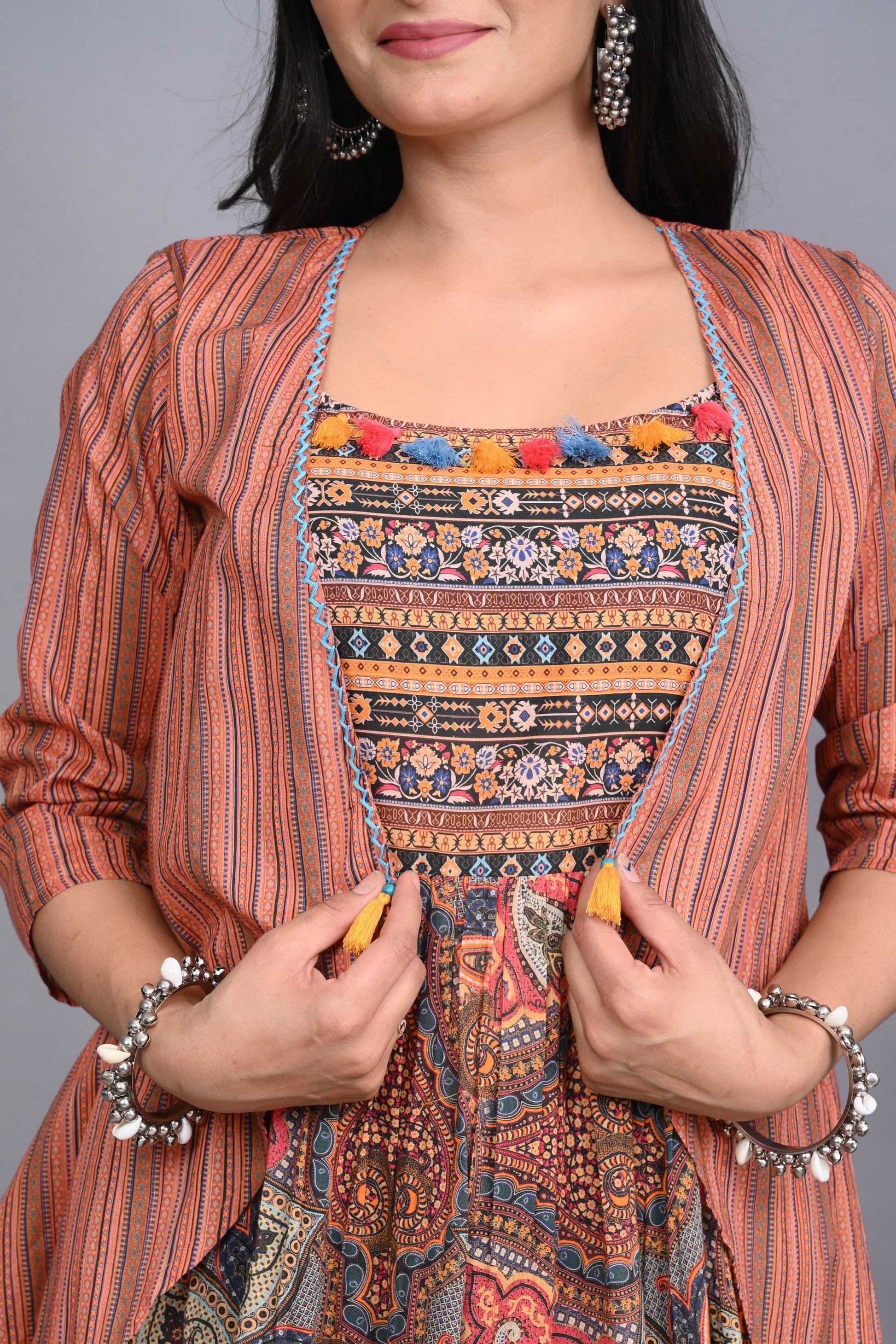 Juniper Multi Colored Cotton Ethnic Motif Maxi Dress with Shrug