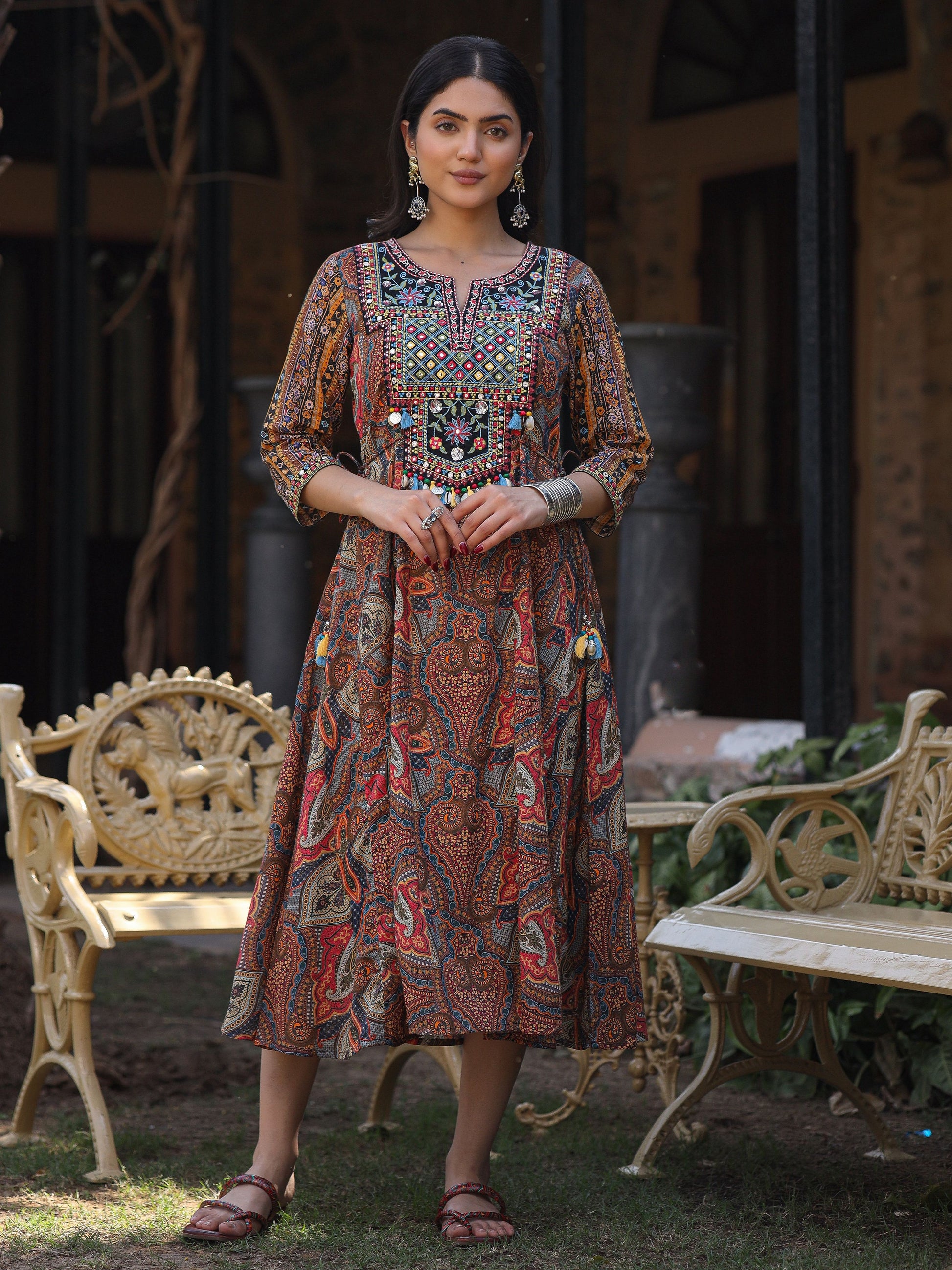 Juniper Women's Multi Colored Cotton Ethnic Motif Printed Maxi Dress with Embroidered Yoke