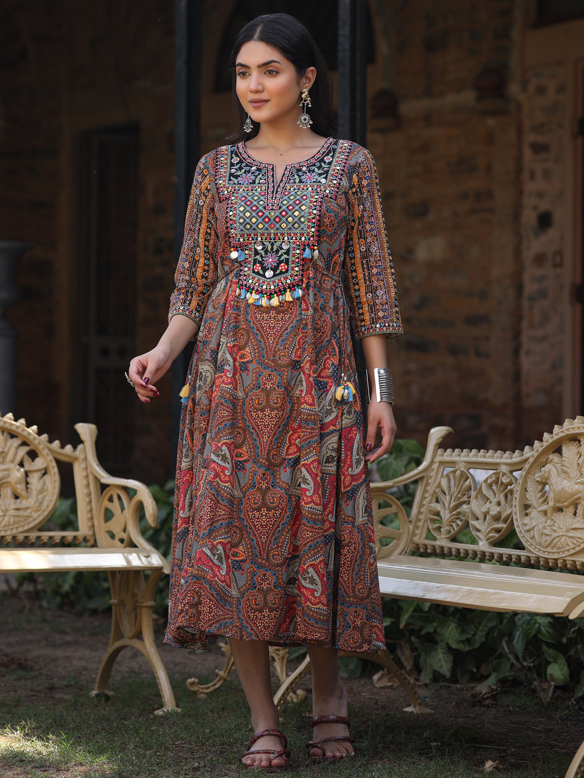 Juniper Women's Multi Colored Cotton Ethnic Motif Printed Maxi Dress with Embroidered Yoke