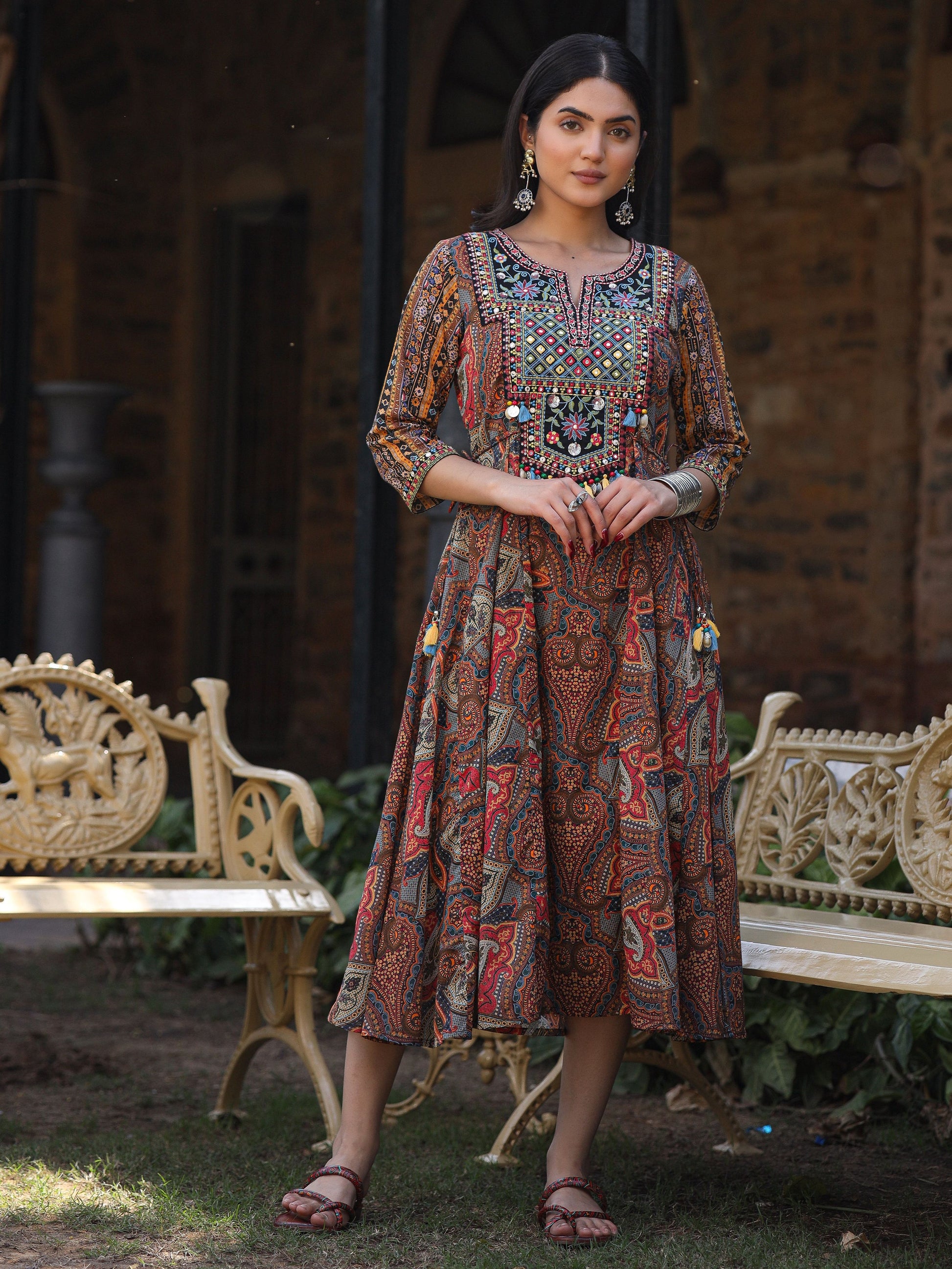 Juniper Women's Multi Colored Cotton Ethnic Motif Printed Maxi Dress with Embroidered Yoke