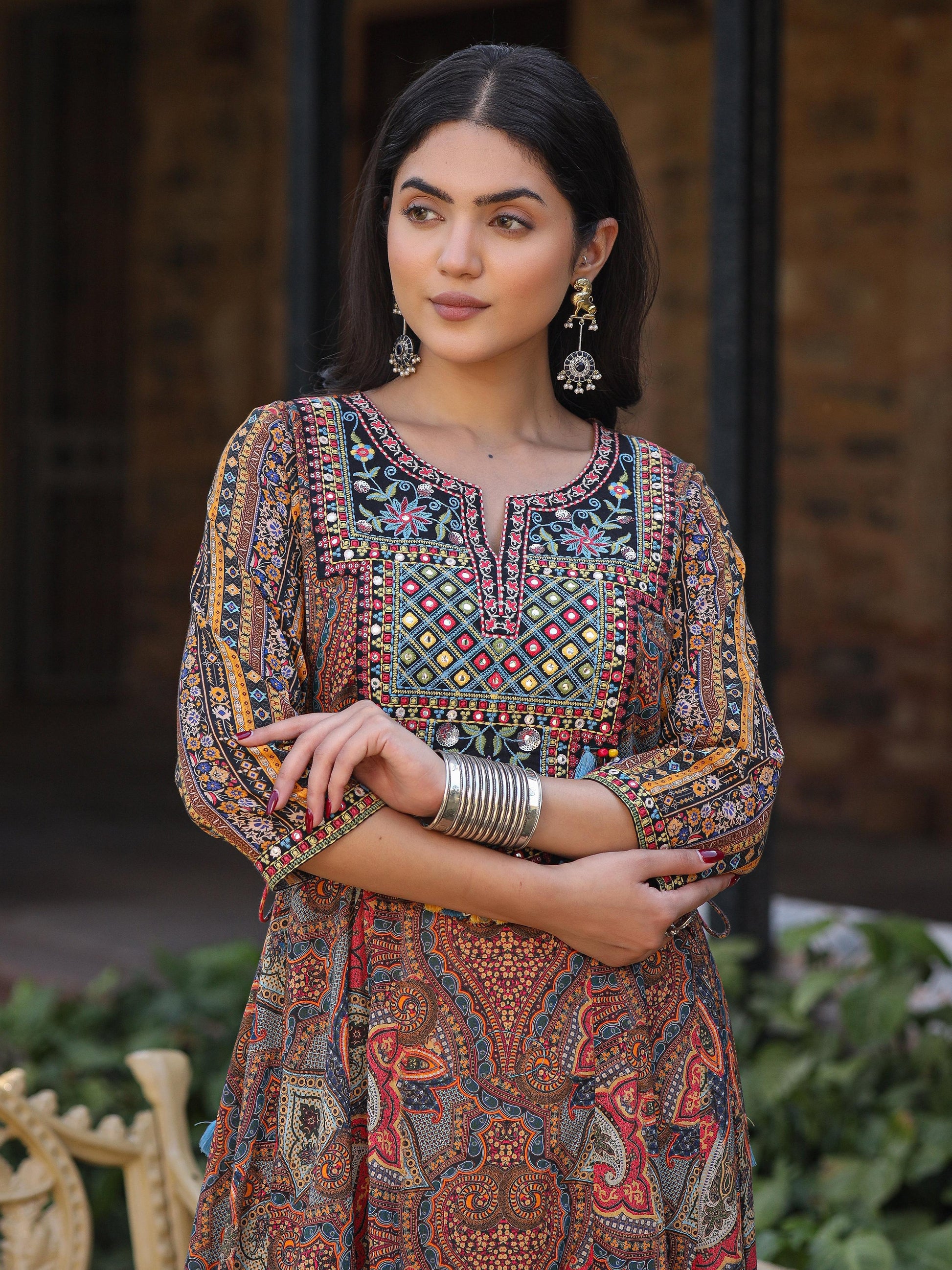 Juniper Women's Multi Colored Cotton Ethnic Motif Printed Maxi Dress with Embroidered Yoke