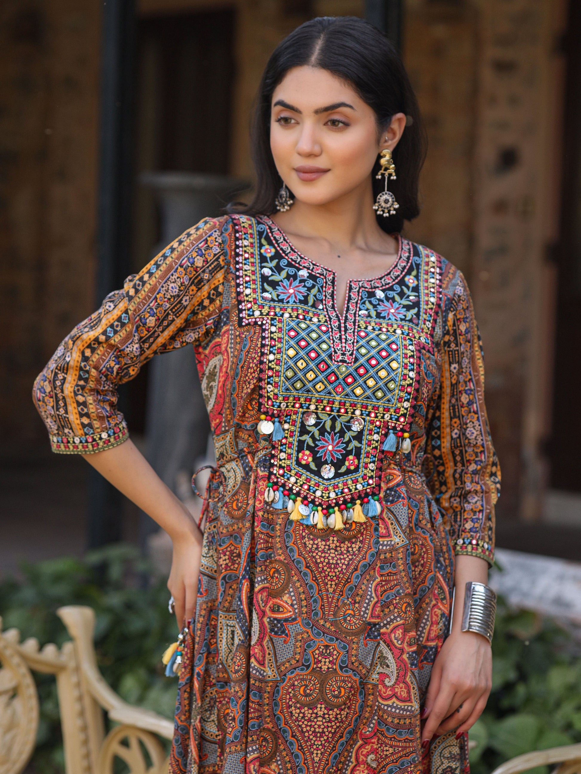Juniper Women's Multi Colored Cotton Ethnic Motif Printed Maxi Dress with Embroidered Yoke