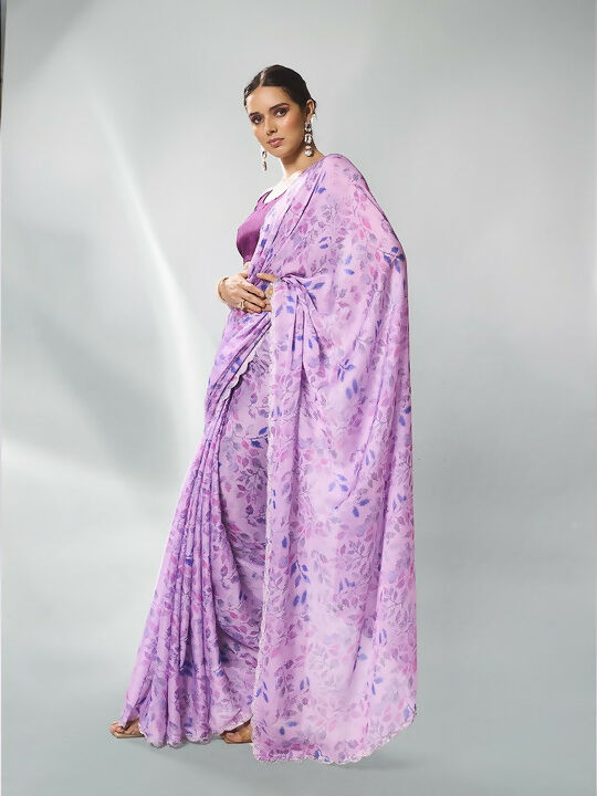 Lavender Satin Georgette Designer Printed Saree - Shezlin