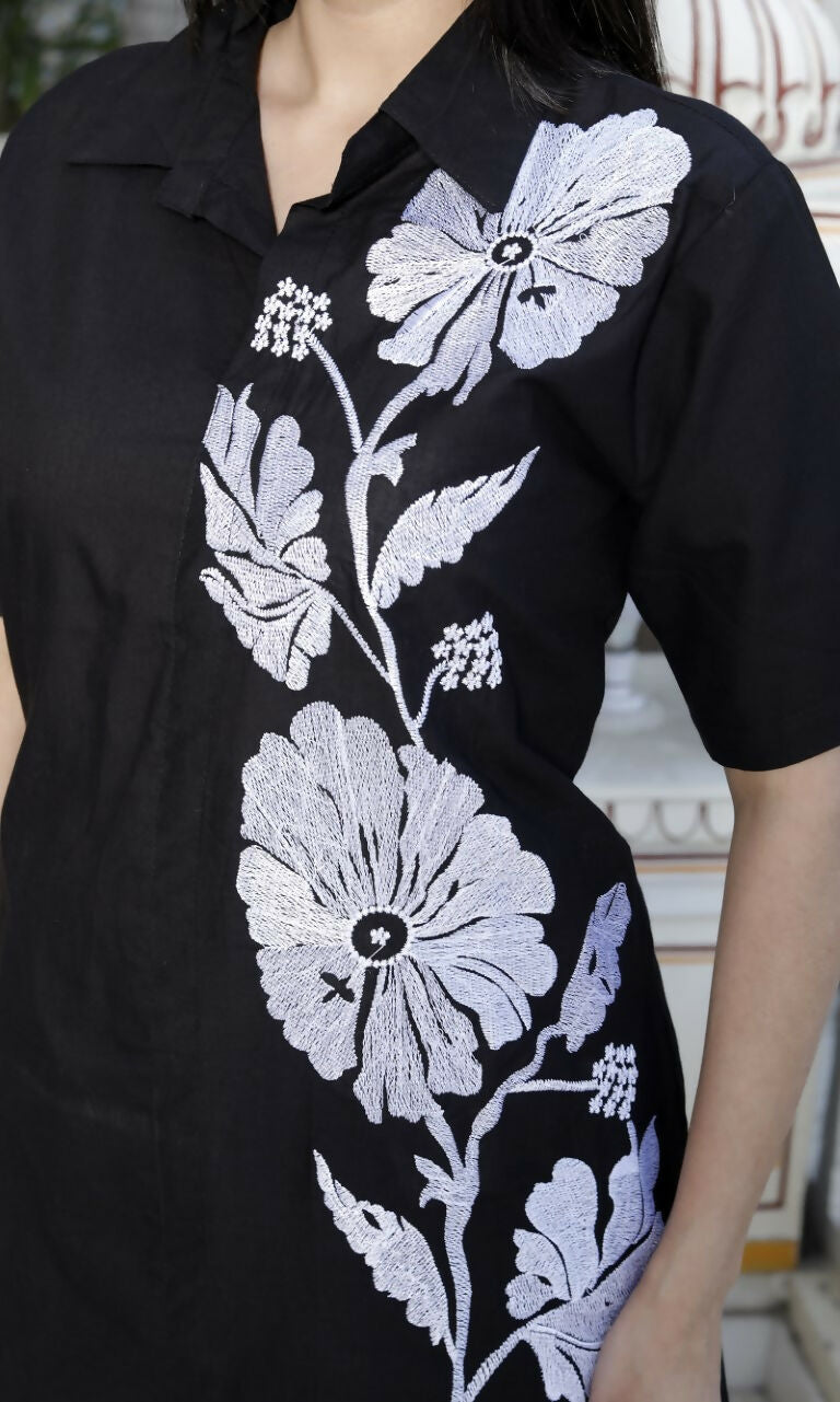 Miravan Women's Black Pure Cotton Floral Embroidered High Low Co-Ord Set 