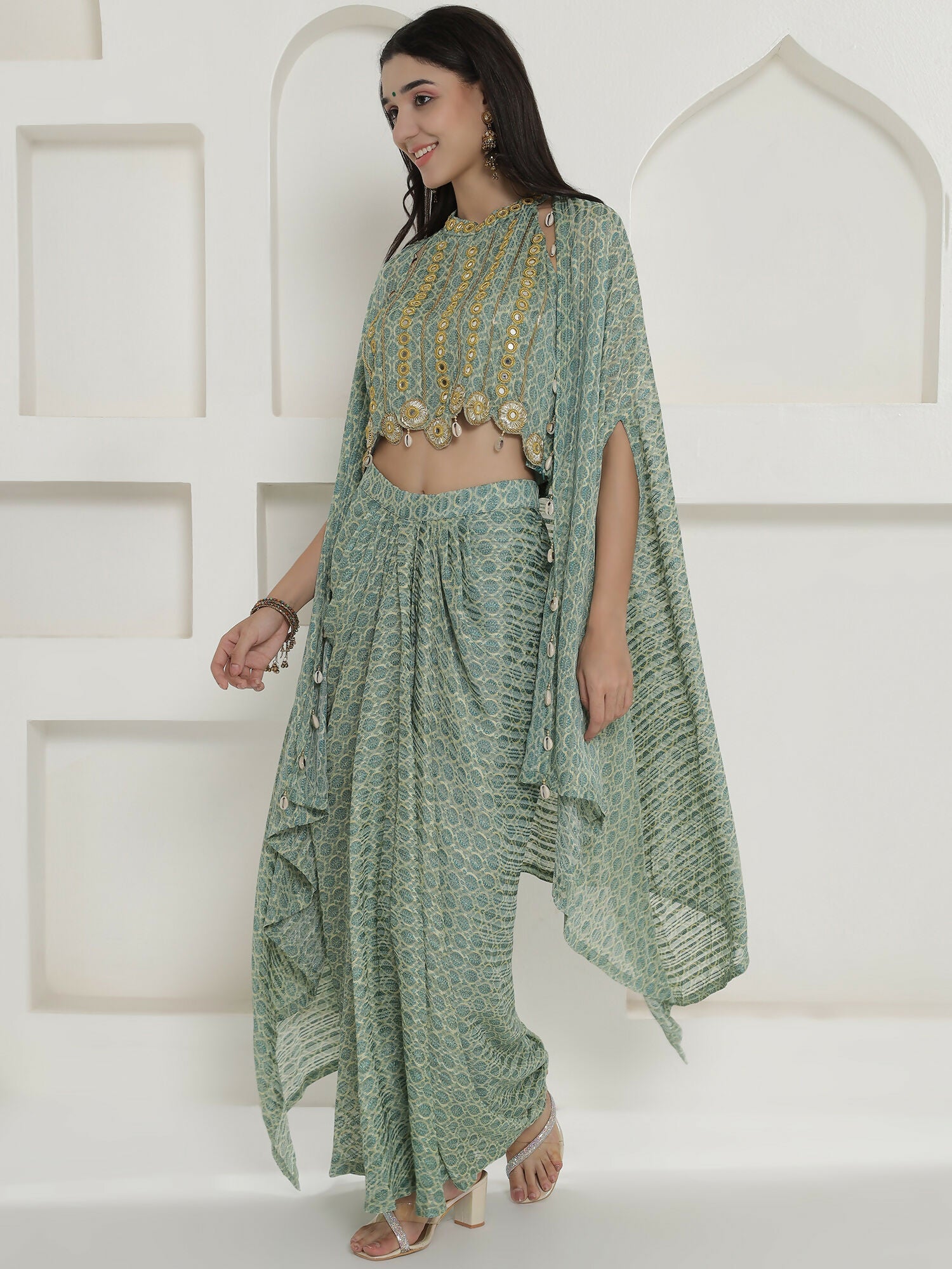 Joban Fashion Green Georgette Cape Inner And Shirt Set
