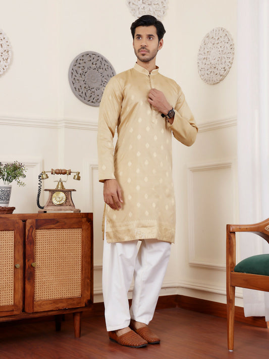 Beige Viscose Woven Jacquard Work Men's Rajwadi Kurta Set - Mahotsav