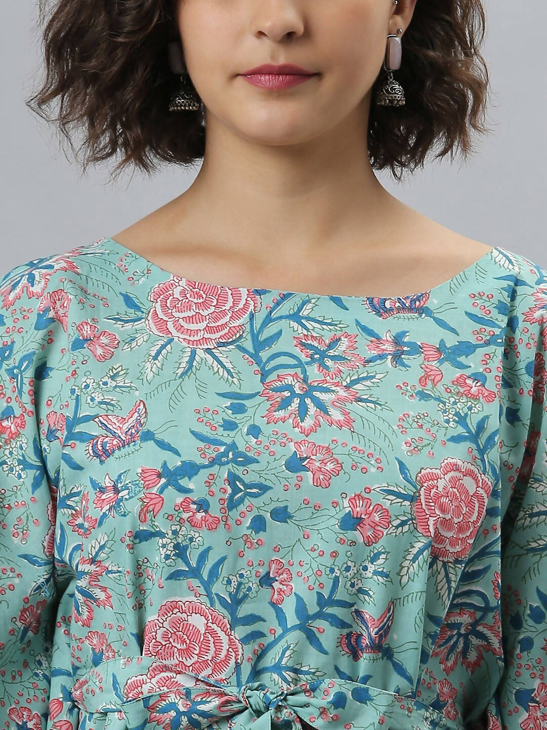 Janasya Women Sea Green Floral Printed Kaftan Kurta