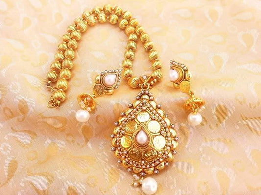 White Kemp Lakshmi Kasu Beaded Necklace Set