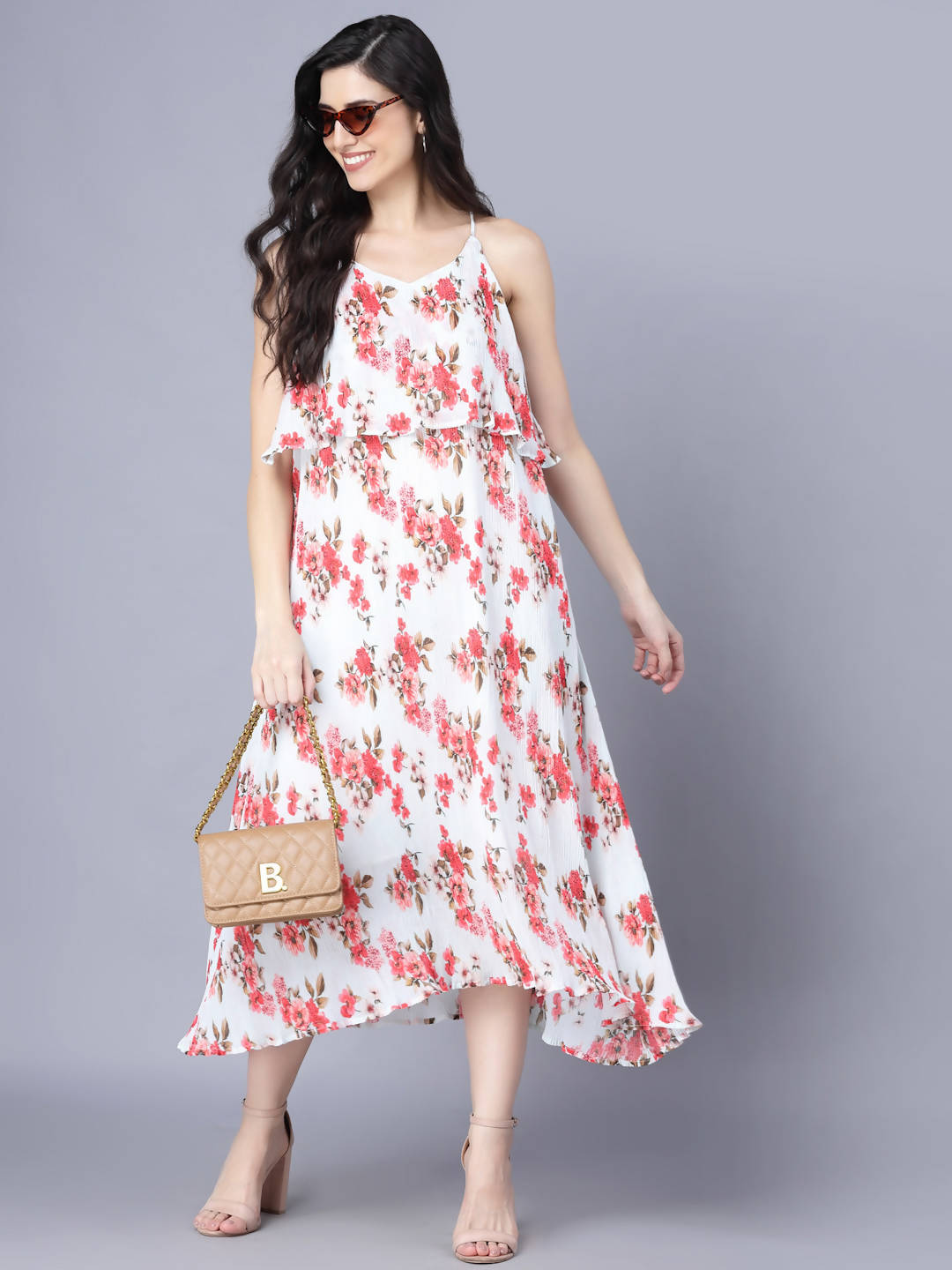 Myshka White Red Floral Layered Midi Dress