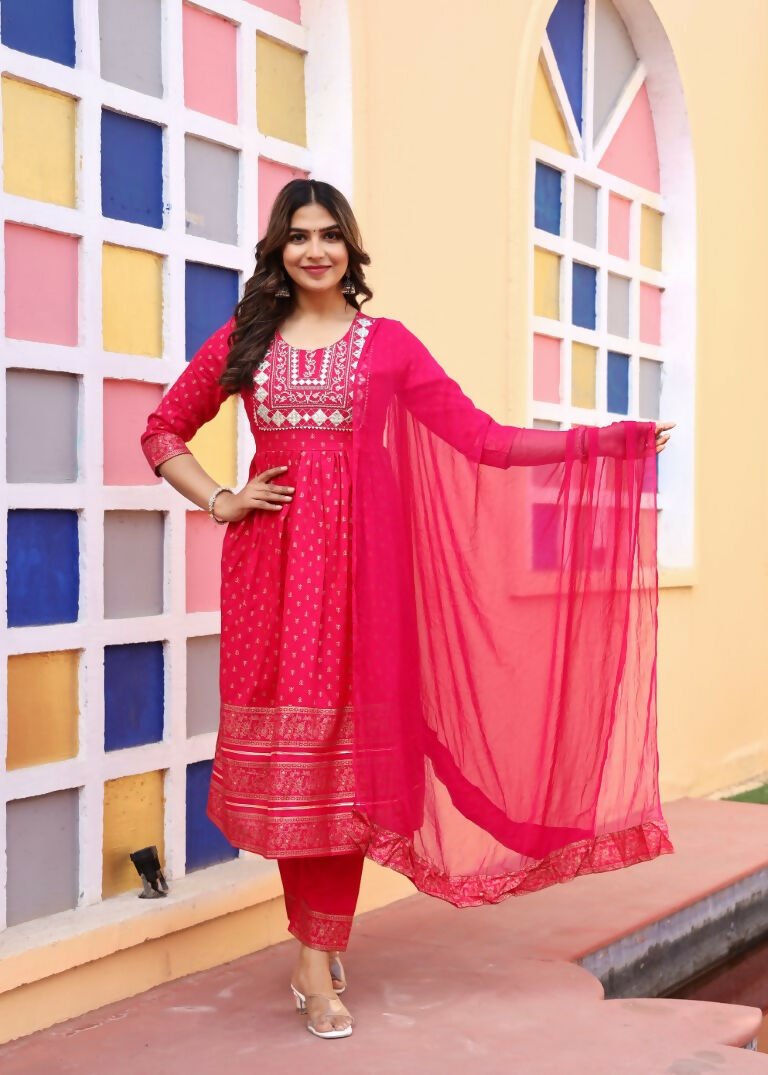 Alvano Women's A-line Naira Cut Embroidery work Print Kurti with Pant and Dupatta set Rayon (Red)