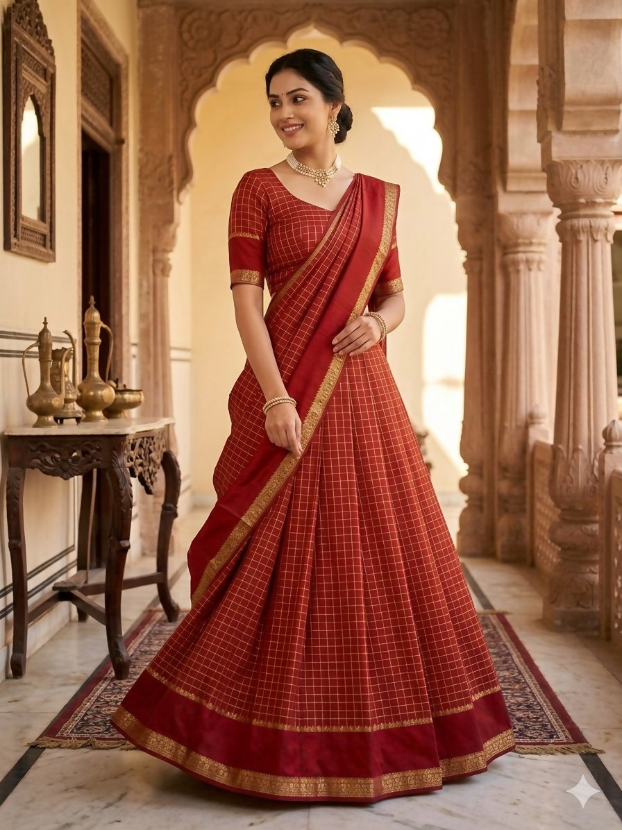 Teeya Creation New South Indian Silk Checked Half Saree Lehenga Choli with Zari Border-Orange