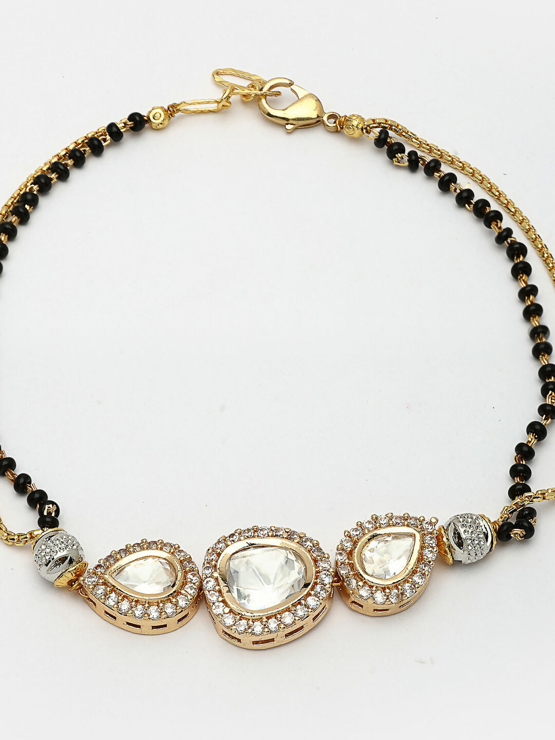 NVR Women Gold-Polished & Black Brass AD-Studded Hand Mangalsutra Link Bracelet