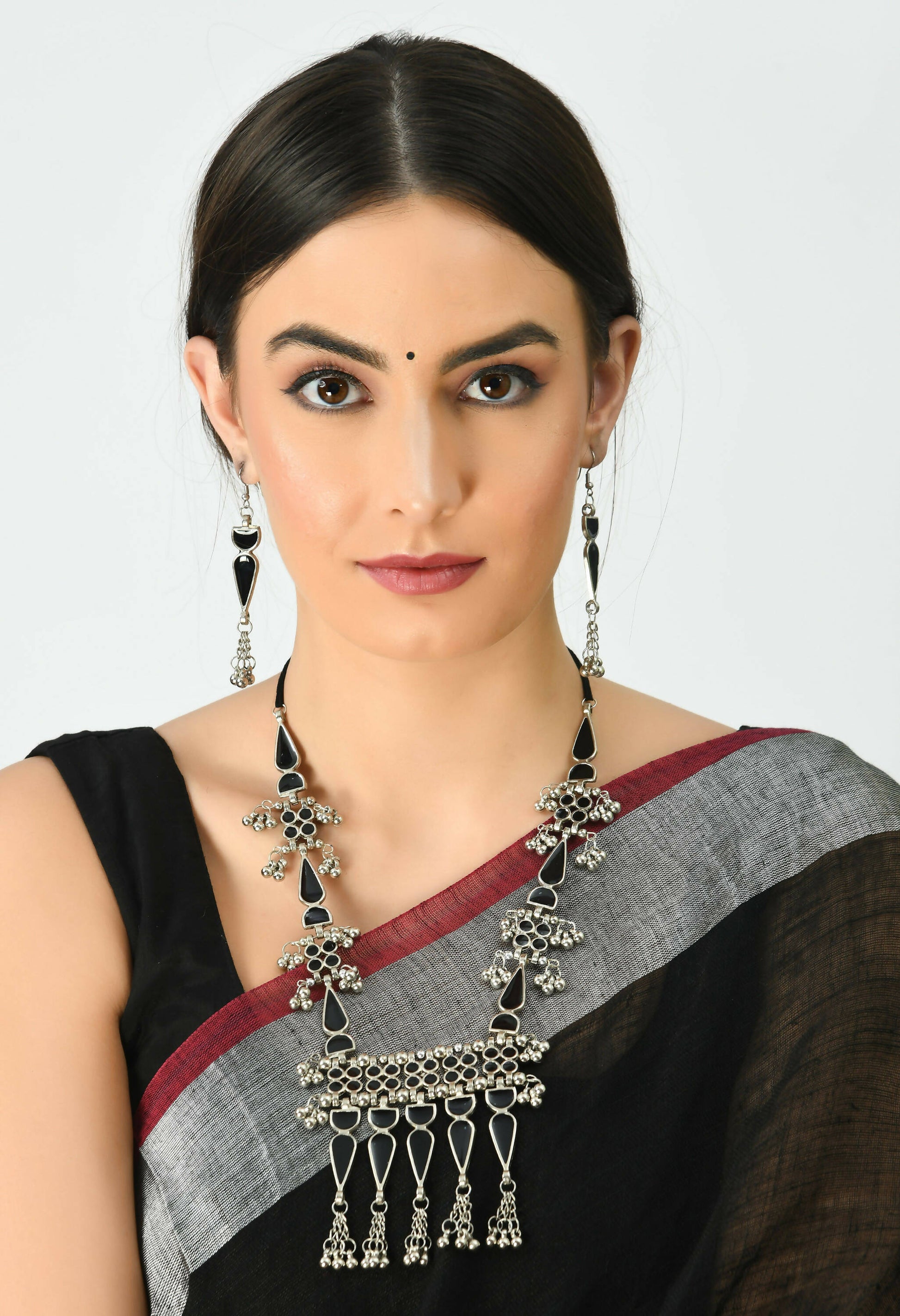 Mominos Fashion Johar Kamal Oxidised Silver-Plated Meenakari Long Necklace Set - Grab2buy