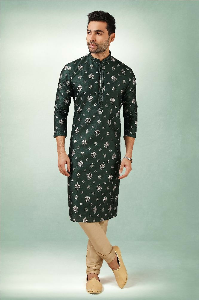 Raivat Ethnic Art Silk Printed Work Kurta Pajama In Green Colour