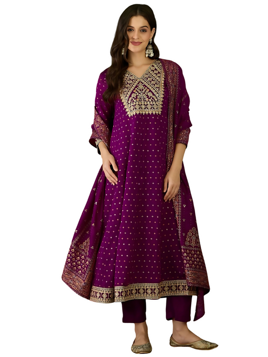 The52 Wine Women's Gorgeous Embroidered Work Vichitra Silk Fabric Flared Kurta Pant and Dupatta Set | Grab2Buy