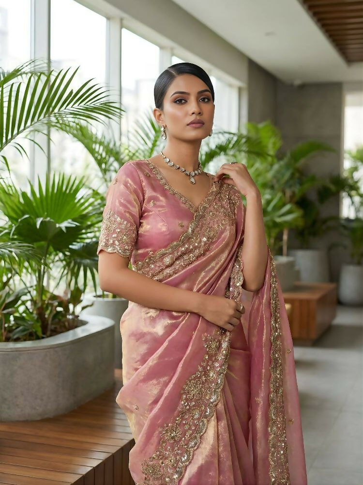 Joban Fashion Pink Fandy Satin Silk Party Wear Sarees