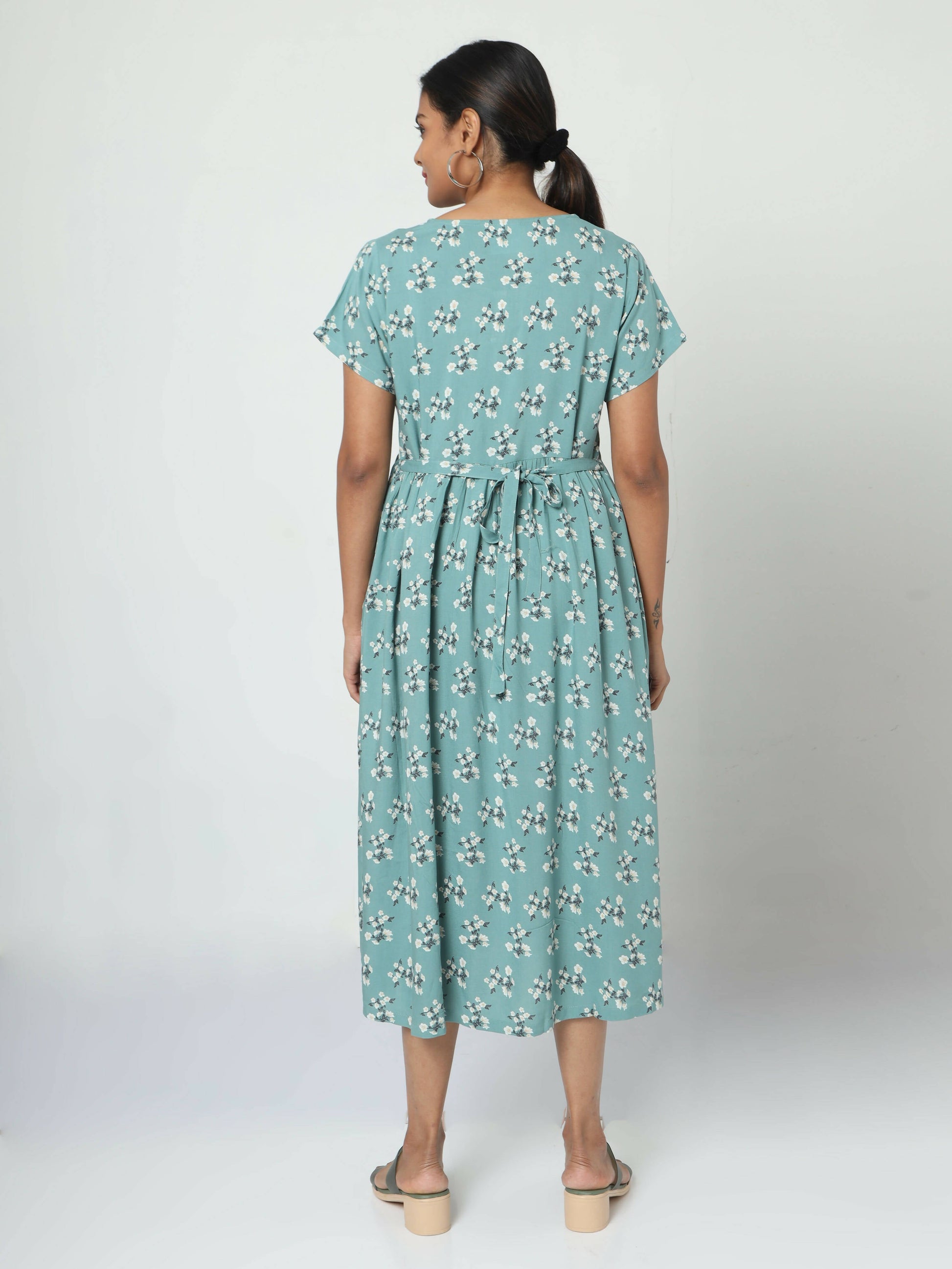 Manet Short Sleeves Maternity Dress Floral Print With Concealed Zipper Nursing Access - Green