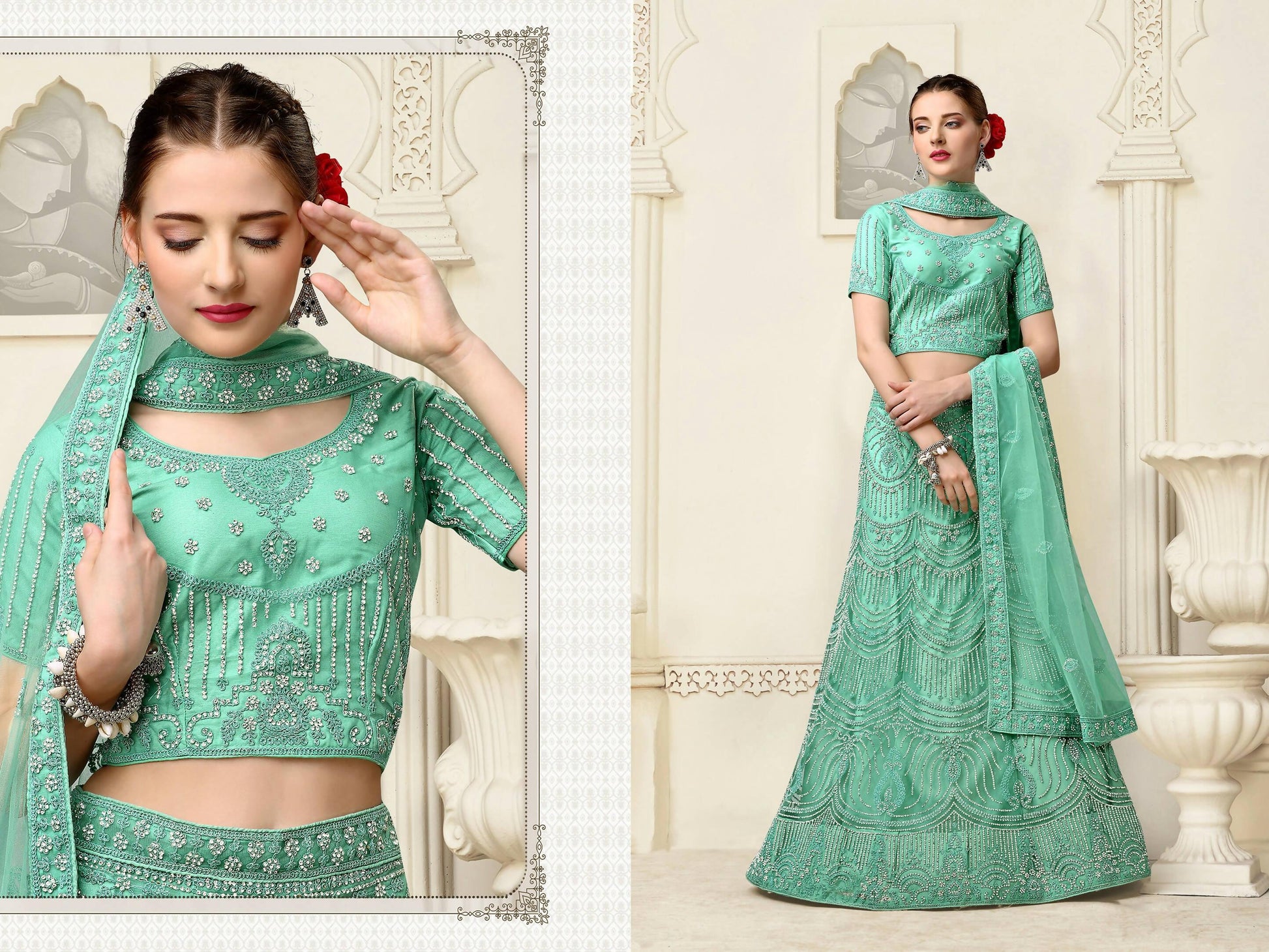 Green Net Fancy Zari Embroidered work Lehenga Choli with Dupatta - Heer