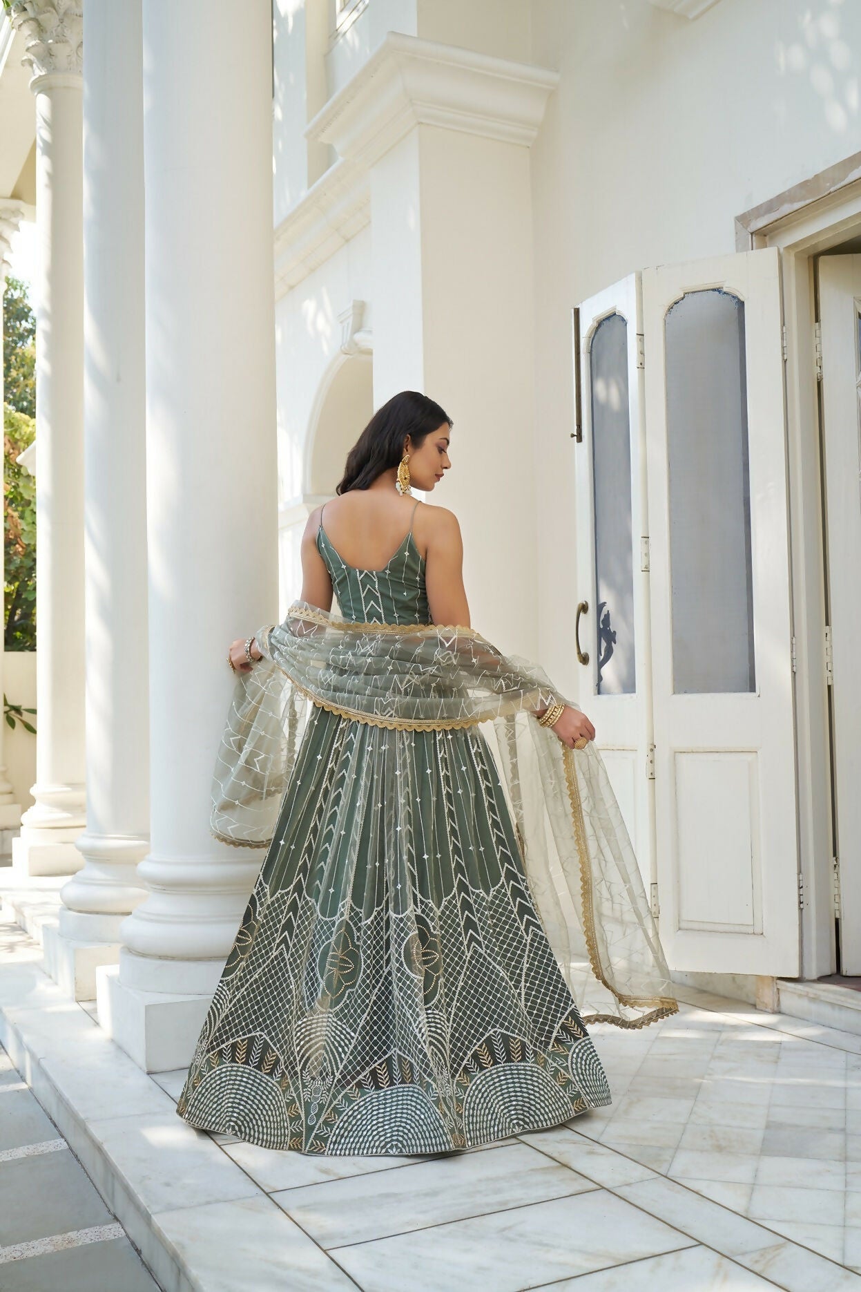Eilara Glamorous Dusty Green Butterfly Net With Thread And Sequence Embroidered Work Fancy Lace Lehenga Choli For Wedding