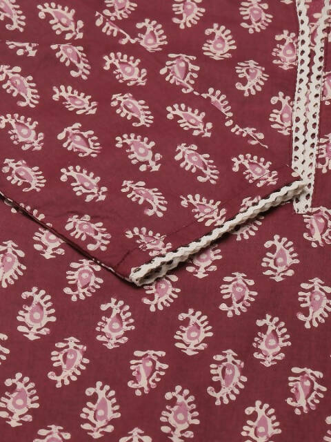 FIORRA Women's Maroon Cotton Straight Kurta Pant With Dupatta 
