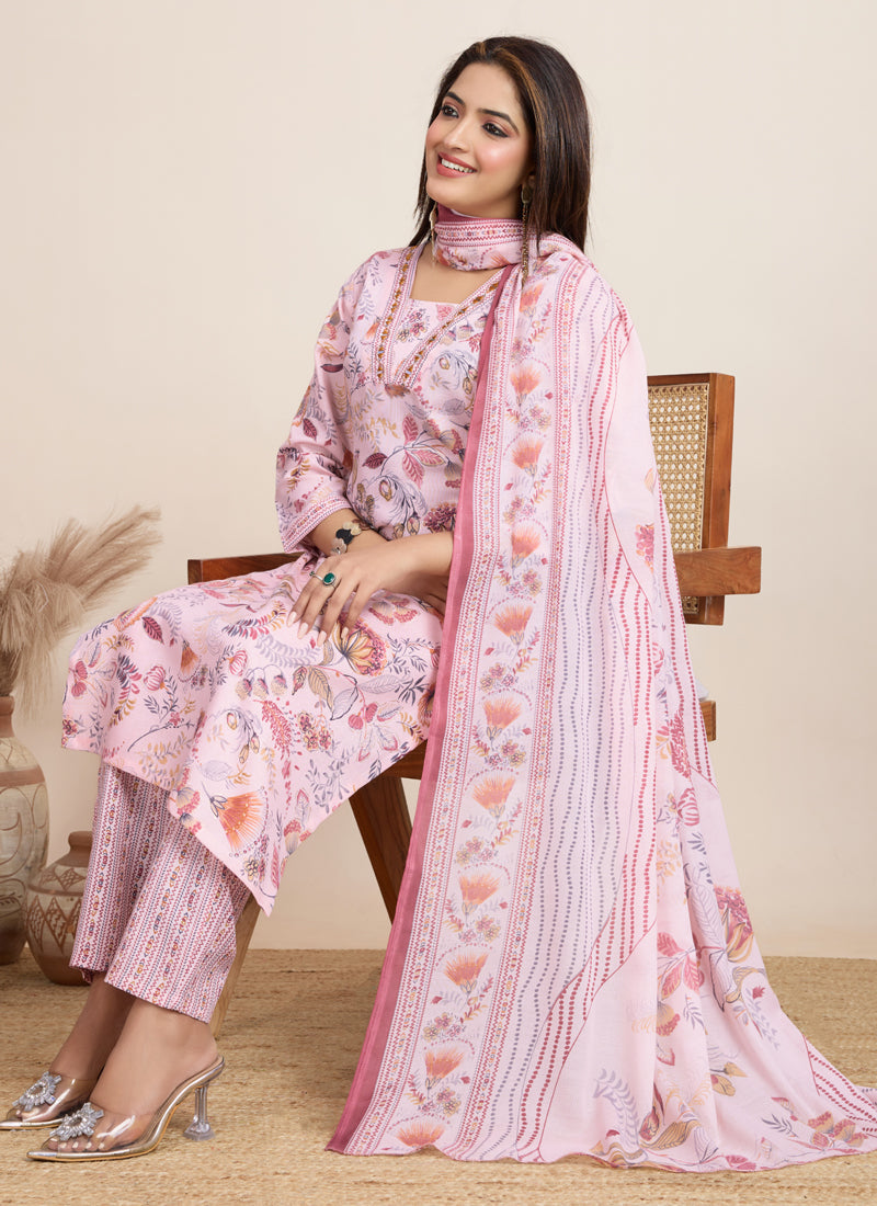 Prazu Fashion Baby Pink Printed Cotton Blend Festival Wear Salwar Suit